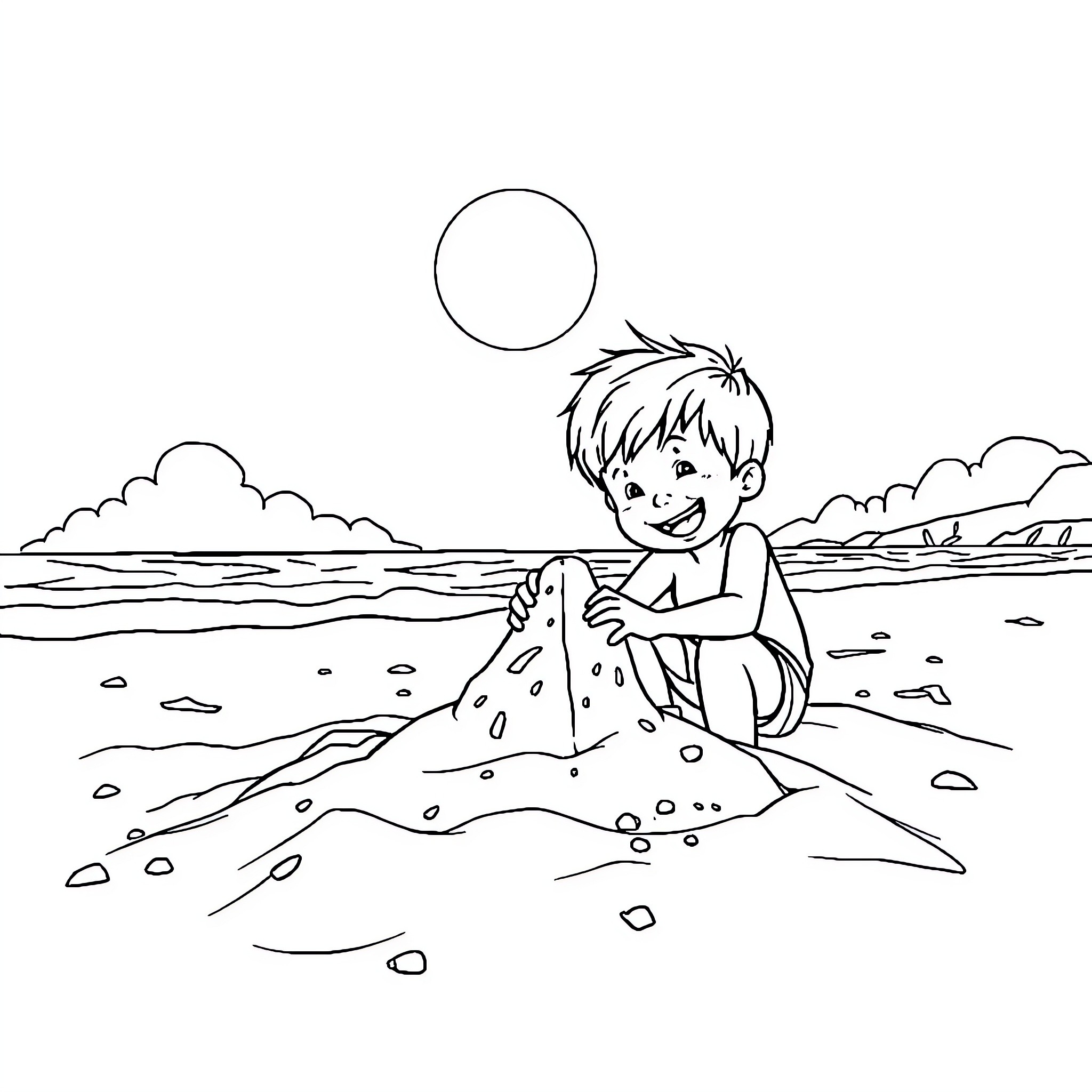 Kid building sandcastle at the beach Coloring Page (free black-and-white line drawing printable PDF for all, from beginners to advanced learners, including children, teens, adults, and seniors)