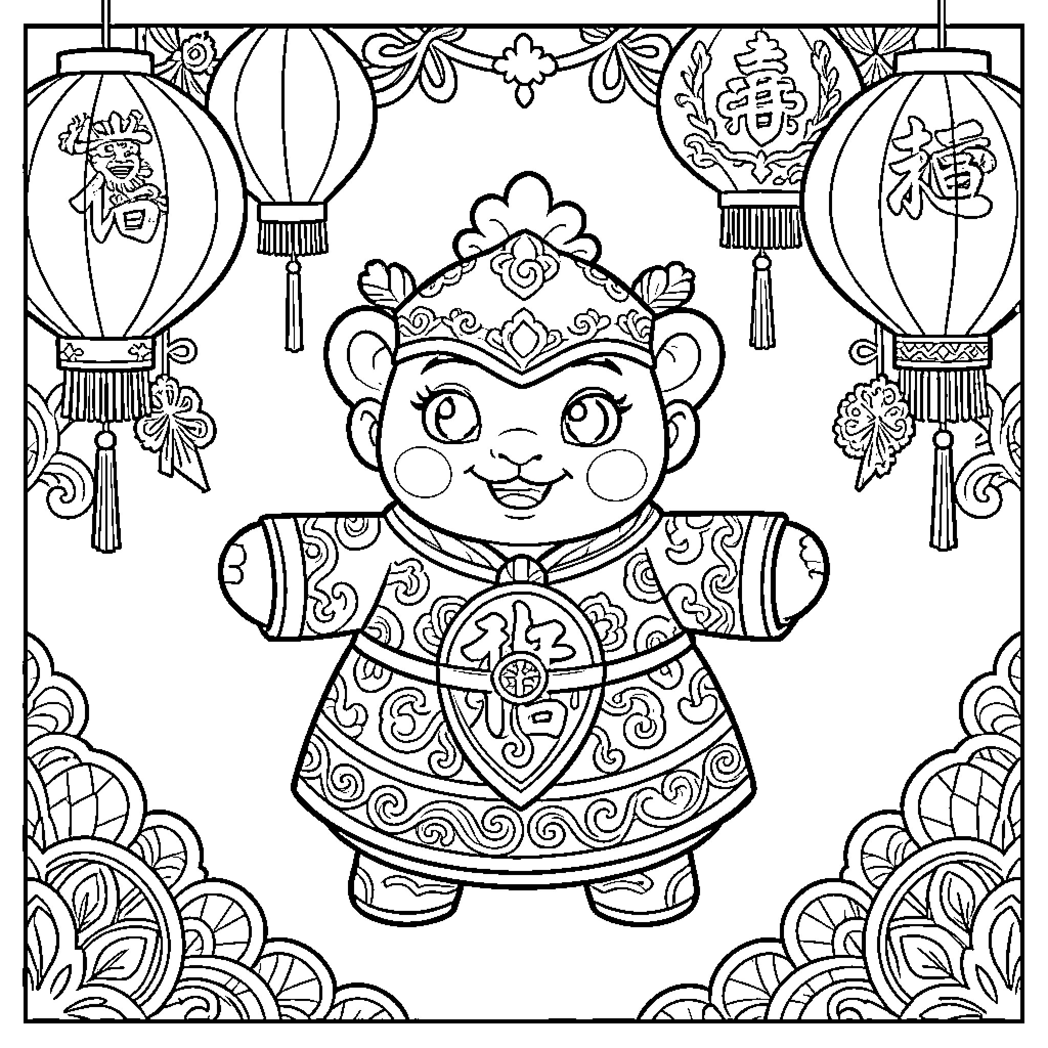 Fuggler in traditional Chinese attire surrounded by lanterns Coloring Page (free black-and-white line drawing printable PDF for all, from beginners to advanced learners, including children, teens, adults, and seniors)