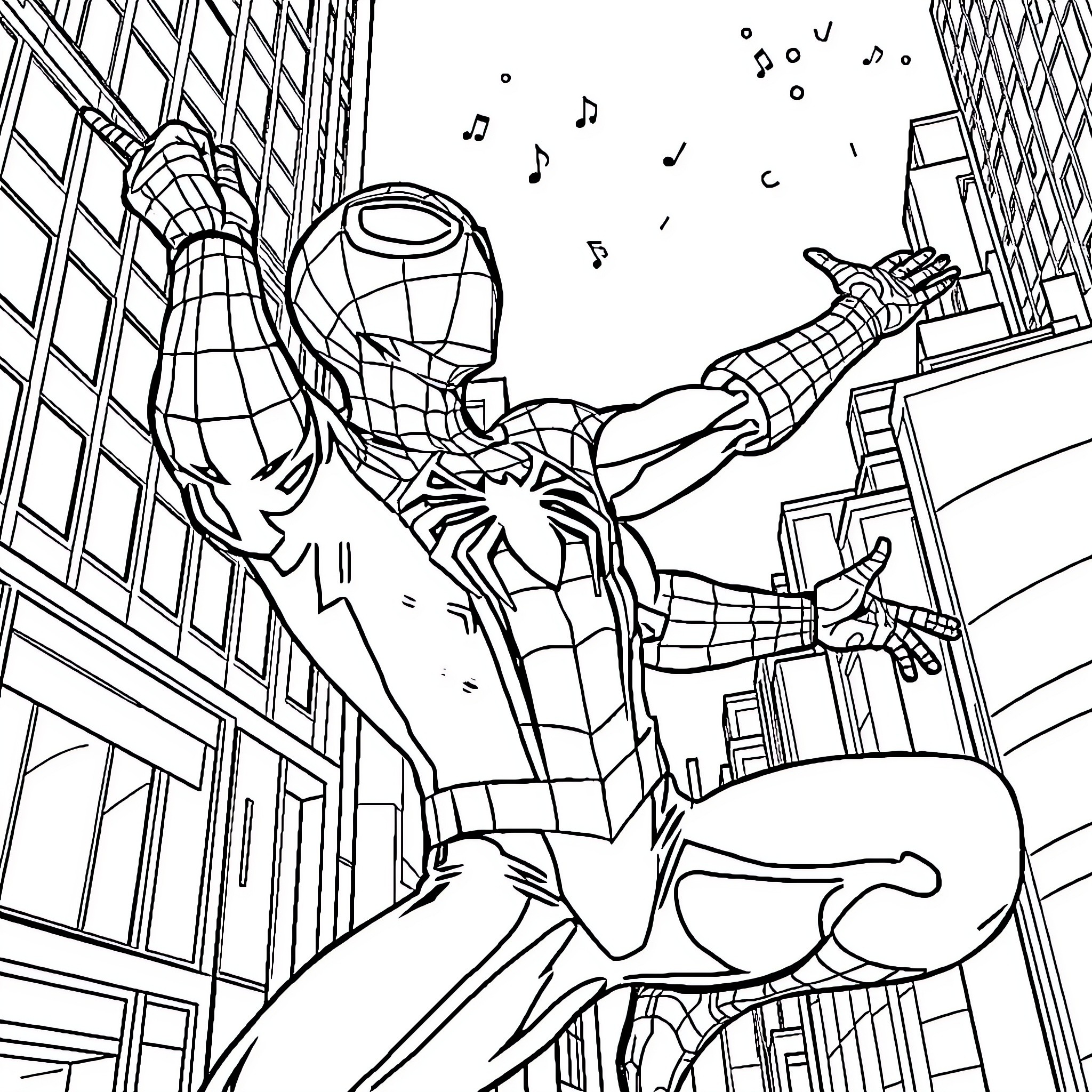 Spiderman swinging through the city skyline Coloring Page (free black-and-white line drawing printable PDF for all, from beginners to advanced learners, including children, teens, adults, and seniors)