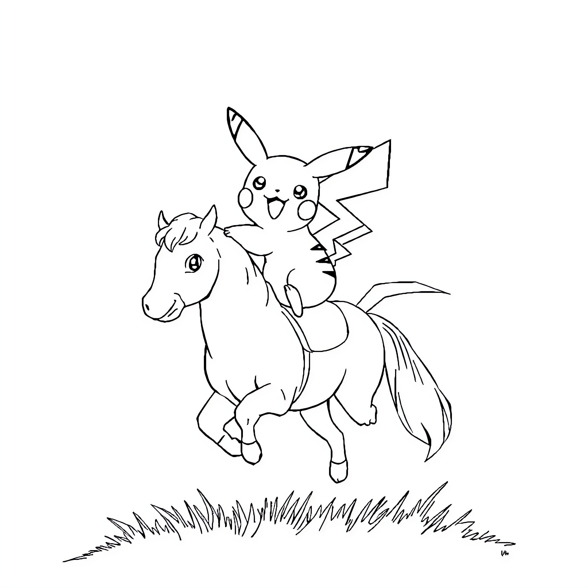 Pikachu riding a pony in the field Coloring Page (free black-and-white line drawing printable PDF for all, from beginners to advanced learners, including children, teens, adults, and seniors)