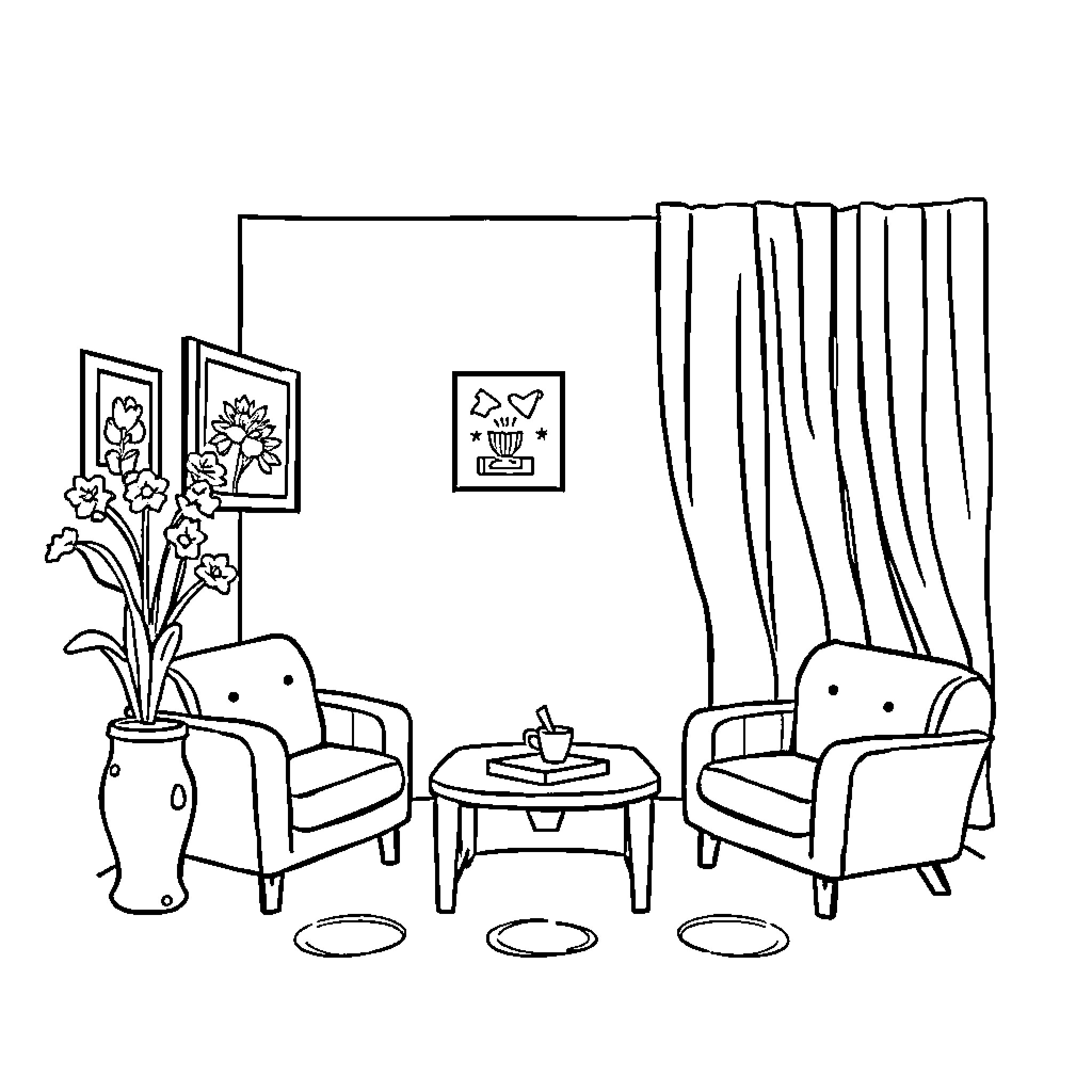 Leaf-filled living room with cozy furniture Coloring Page (free black-and-white line drawing printable PDF for all, from beginners to advanced learners, including children, teens, adults, and seniors)