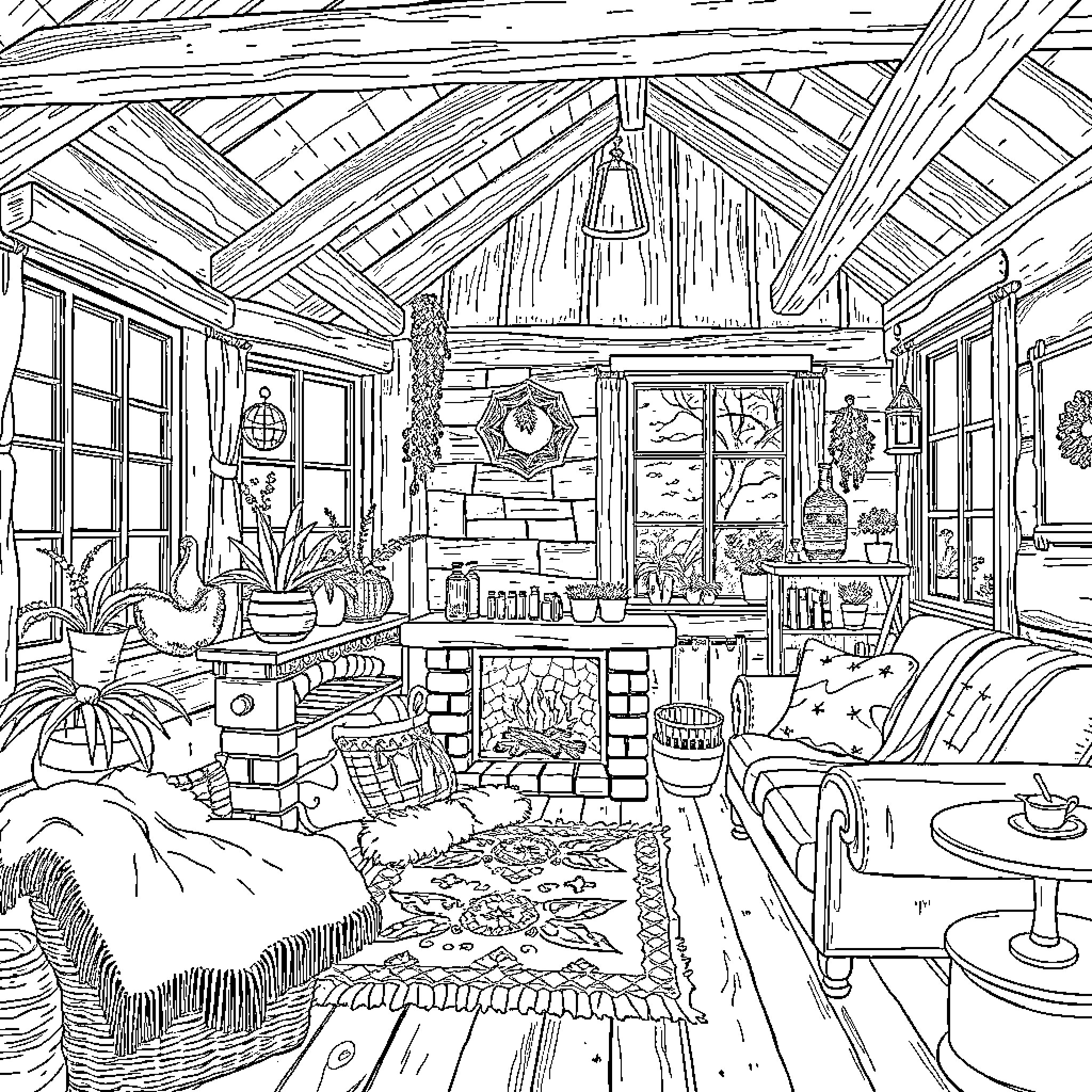 Cottage with cozy interior and rustic decor Coloring Page (free black-and-white line drawing printable PDF for all, from beginners to advanced learners, including children, teens, adults, and seniors)