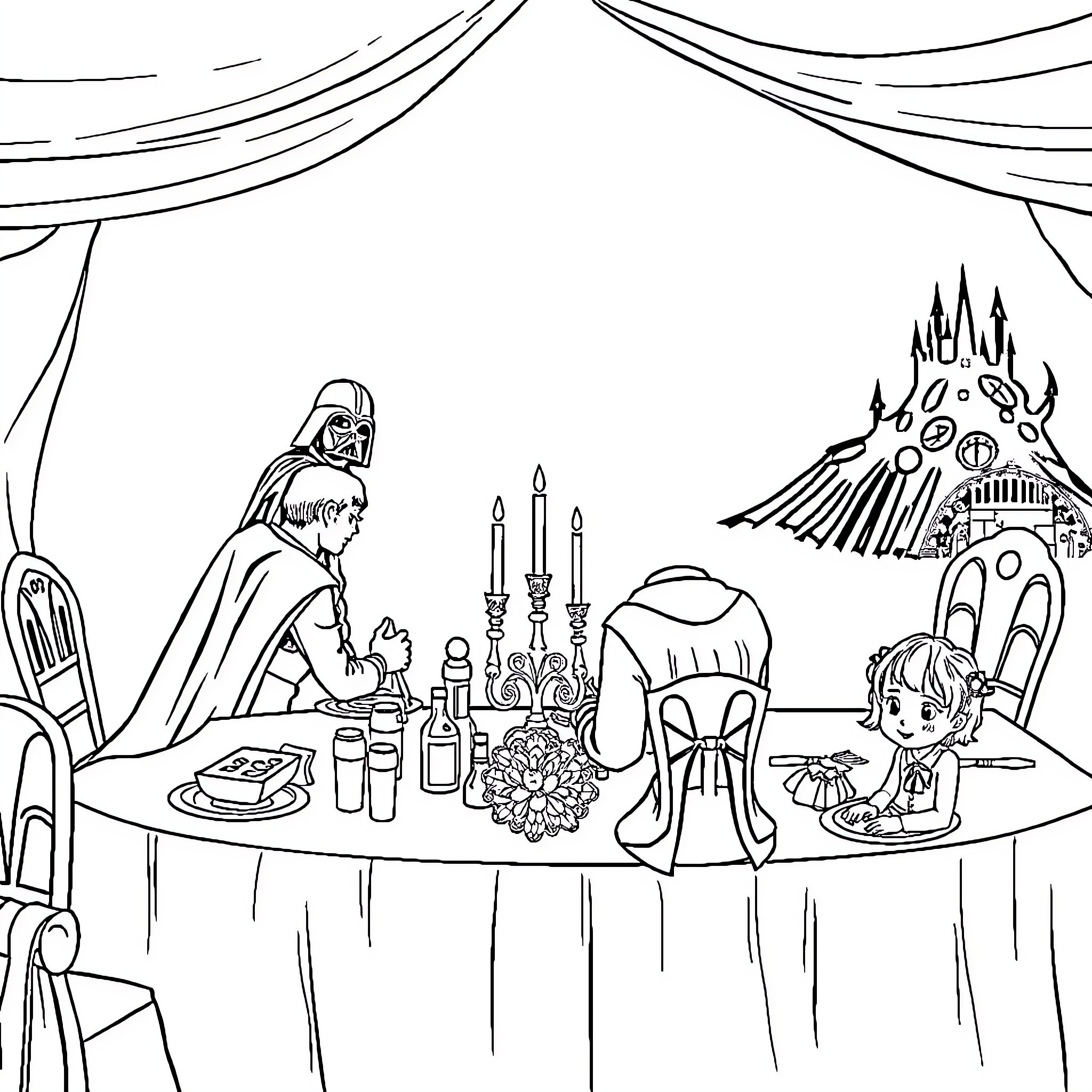 Film of family gathering in fantasy setting Coloring Page (free black-and-white line drawing printable PDF for all, from beginners to advanced learners, including children, teens, adults, and seniors)