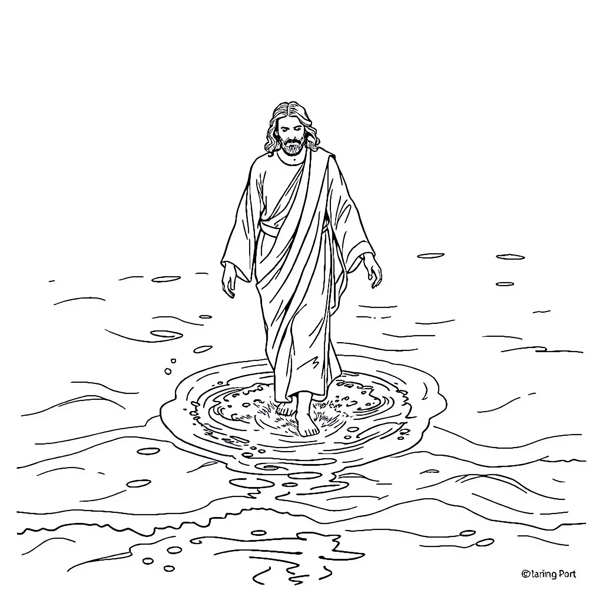 Jesus walking on water with a peaceful expression Coloring Page (free black-and-white line drawing printable PDF for all, from beginners to advanced learners, including children, teens, adults, and seniors)