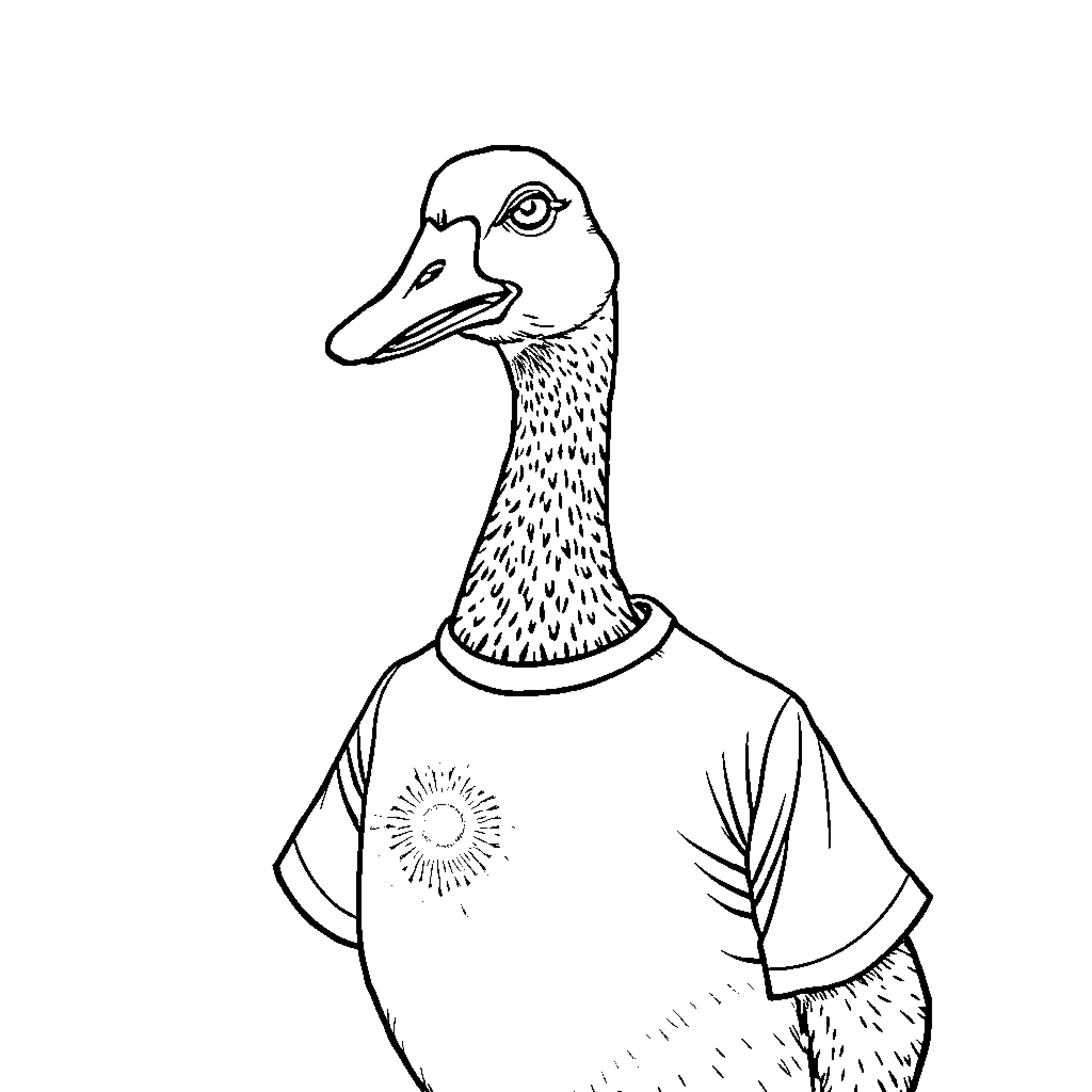 Goose in a stylish shirt Coloring Page (free black-and-white line drawing printable PDF for all, from beginners to advanced learners, including children, teens, adults, and seniors)