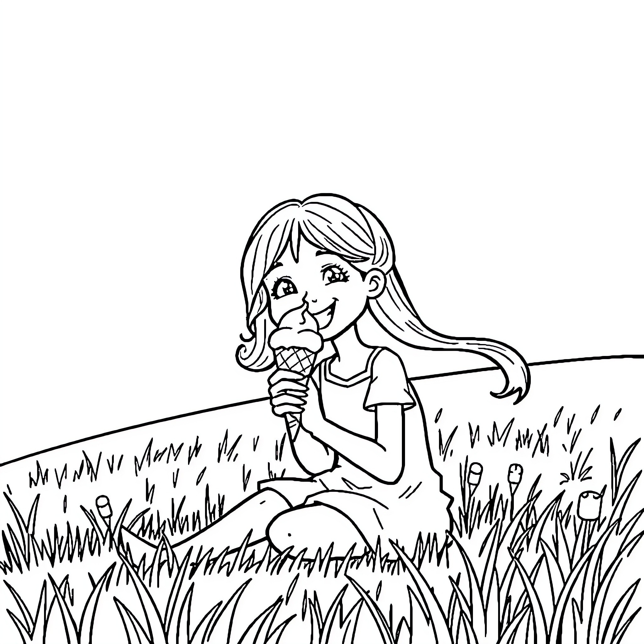 Girl enjoying a tasty ice cream in the meadow Coloring Page (free black-and-white line drawing printable PDF for all, from beginners to advanced learners, including children, teens, adults, and seniors)