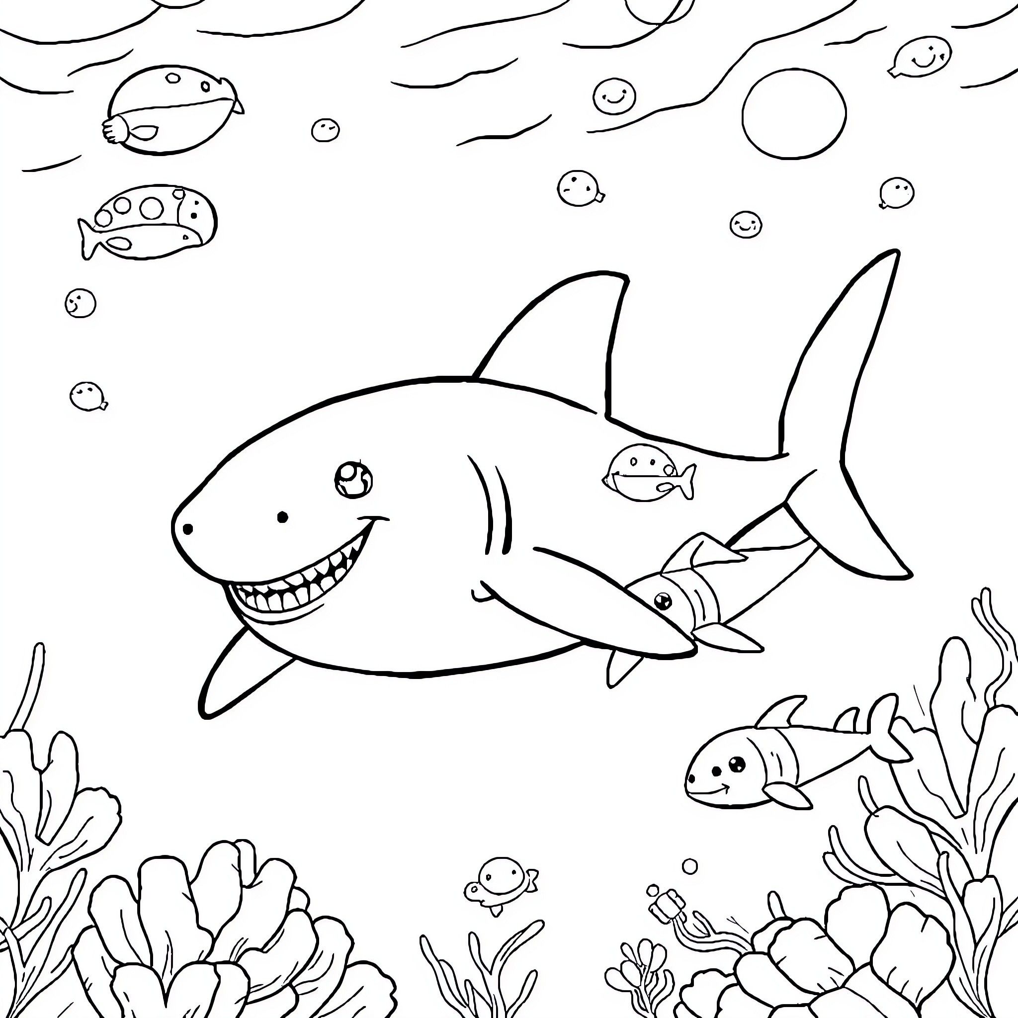 Shark swimming playfully with small fish Coloring Page (free black-and-white line drawing printable PDF for all, from beginners to advanced learners, including children, teens, adults, and seniors)