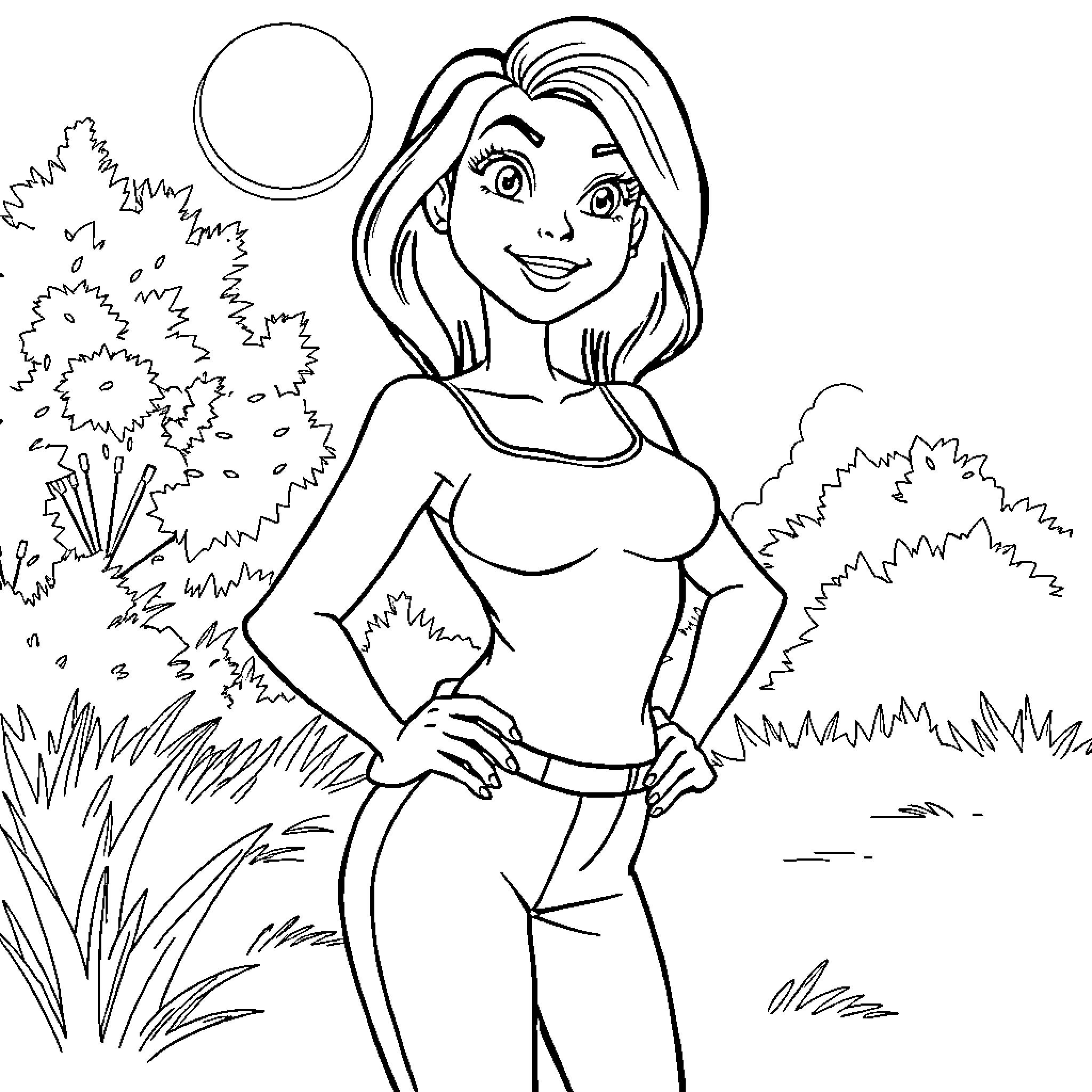 Lois enjoys the outdoors in a cheerful scene Coloring Page (free black-and-white line drawing printable PDF for all, from beginners to advanced learners, including children, teens, adults, and seniors)