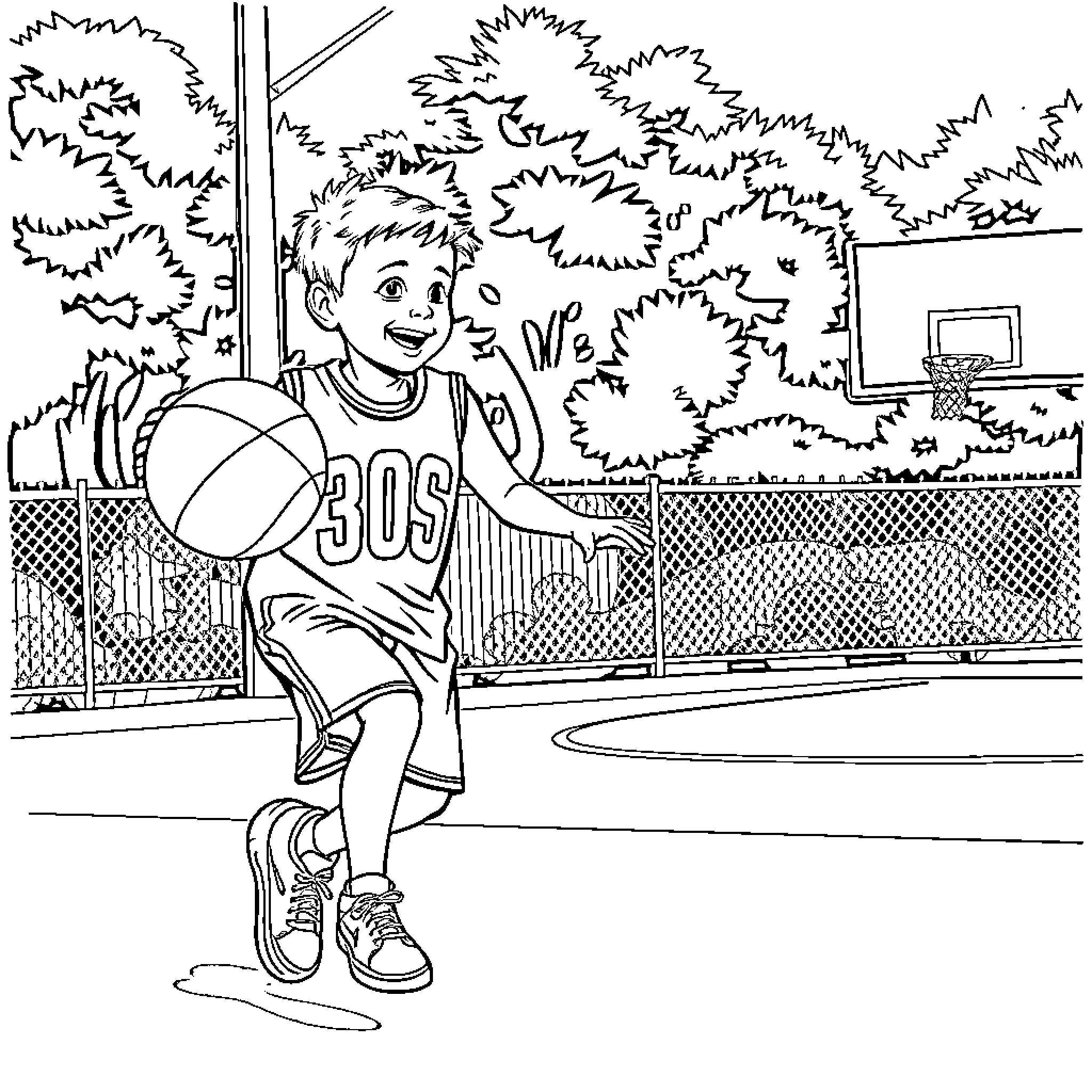 Boy playing basketball on outdoor court Coloring Page (free black-and-white line drawing printable PDF for all, from beginners to advanced learners, including children, teens, adults, and seniors)