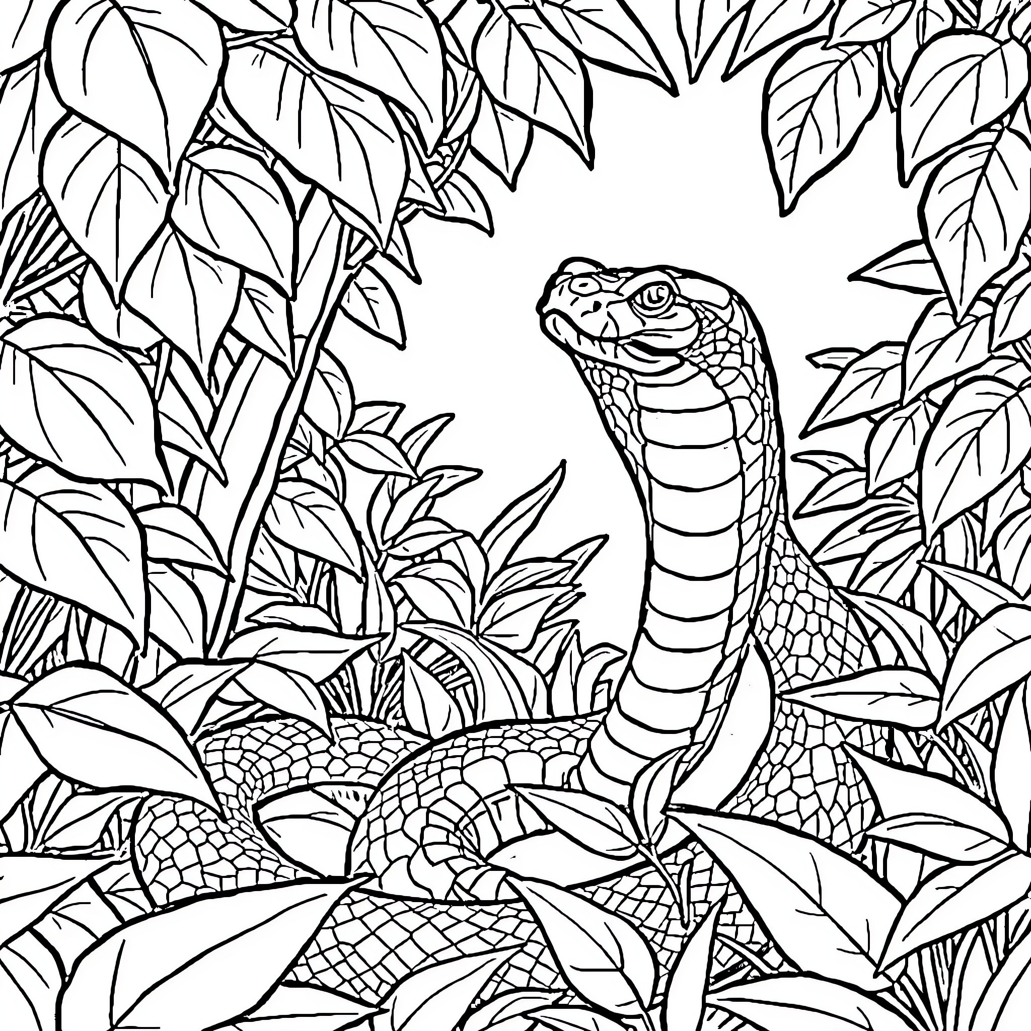 Snake hiding in the lush foliage Coloring Page (free black-and-white line drawing printable PDF for all, from beginners to advanced learners, including children, teens, adults, and seniors)