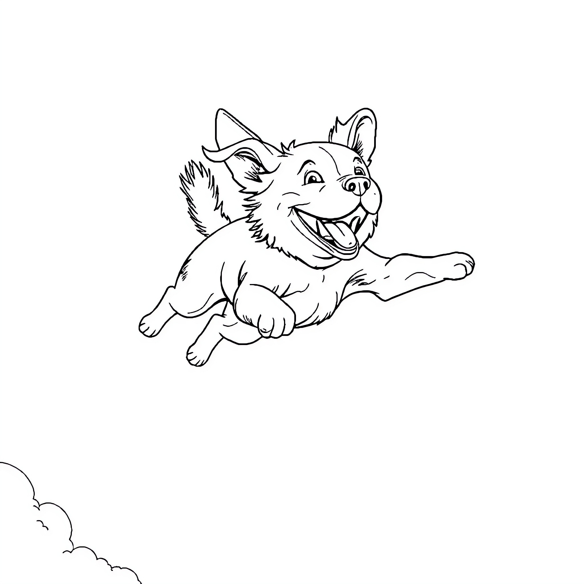 Dog jumping joyfully in the air Coloring Page (free black-and-white line drawing printable PDF for all, from beginners to advanced learners, including children, teens, adults, and seniors)