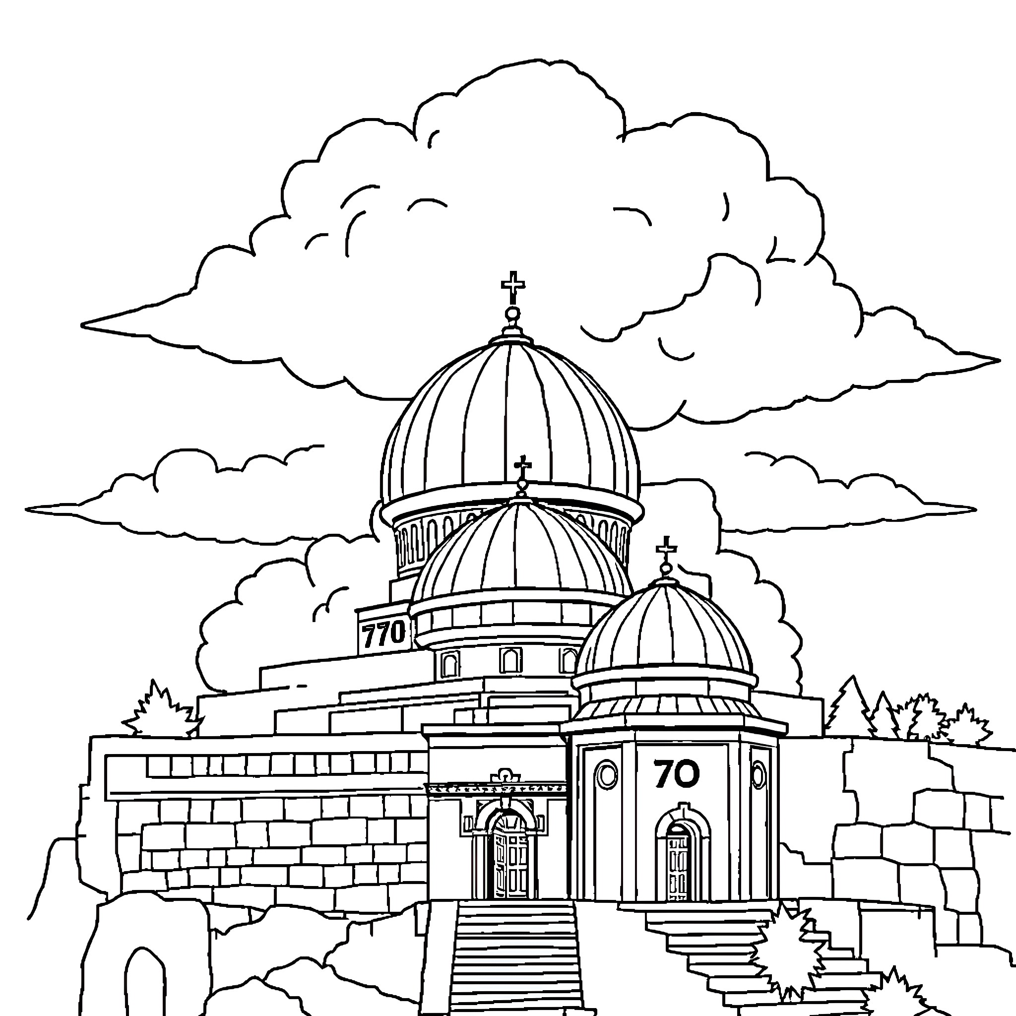 Building with ornate domed architecture and cloudy sky Coloring Page (free black-and-white line drawing printable PDF for all, from beginners to advanced learners, including children, teens, adults, and seniors)