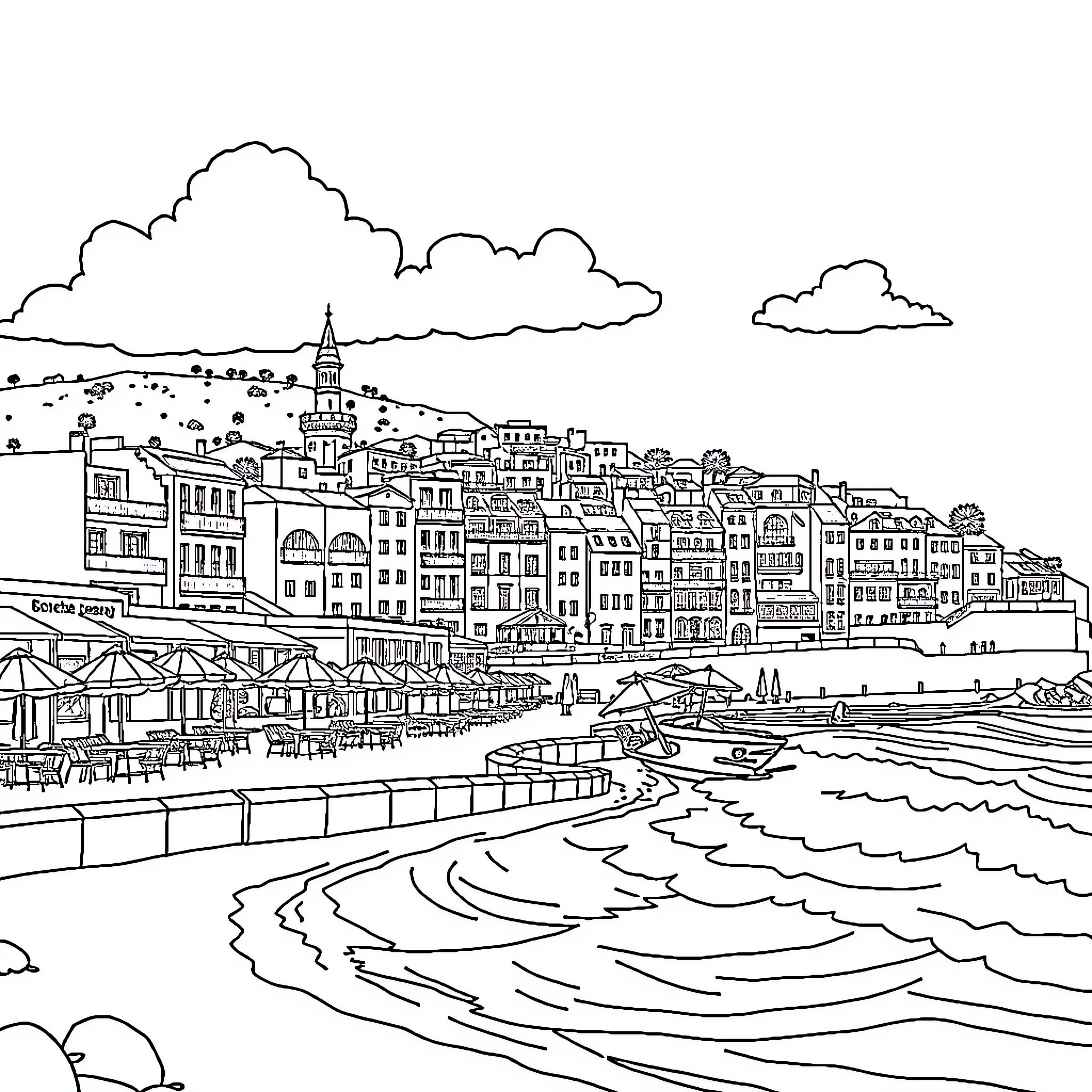 Seaside Town with Bustling Promenade and Waves Coloring Page (free black-and-white line drawing printable PDF for all, from beginners to advanced learners, including children, teens, adults, and seniors)