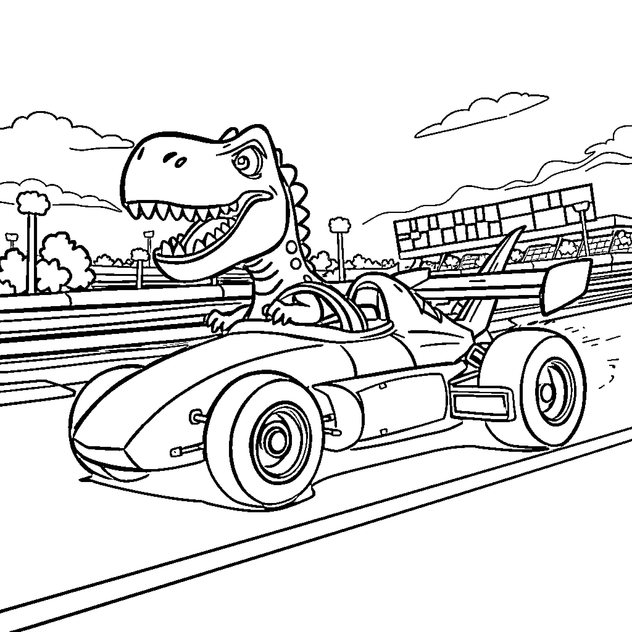 Dinosaur driving a race car on the road Coloring Page (free black-and-white line drawing printable PDF for all, from beginners to advanced learners, including children, teens, adults, and seniors)