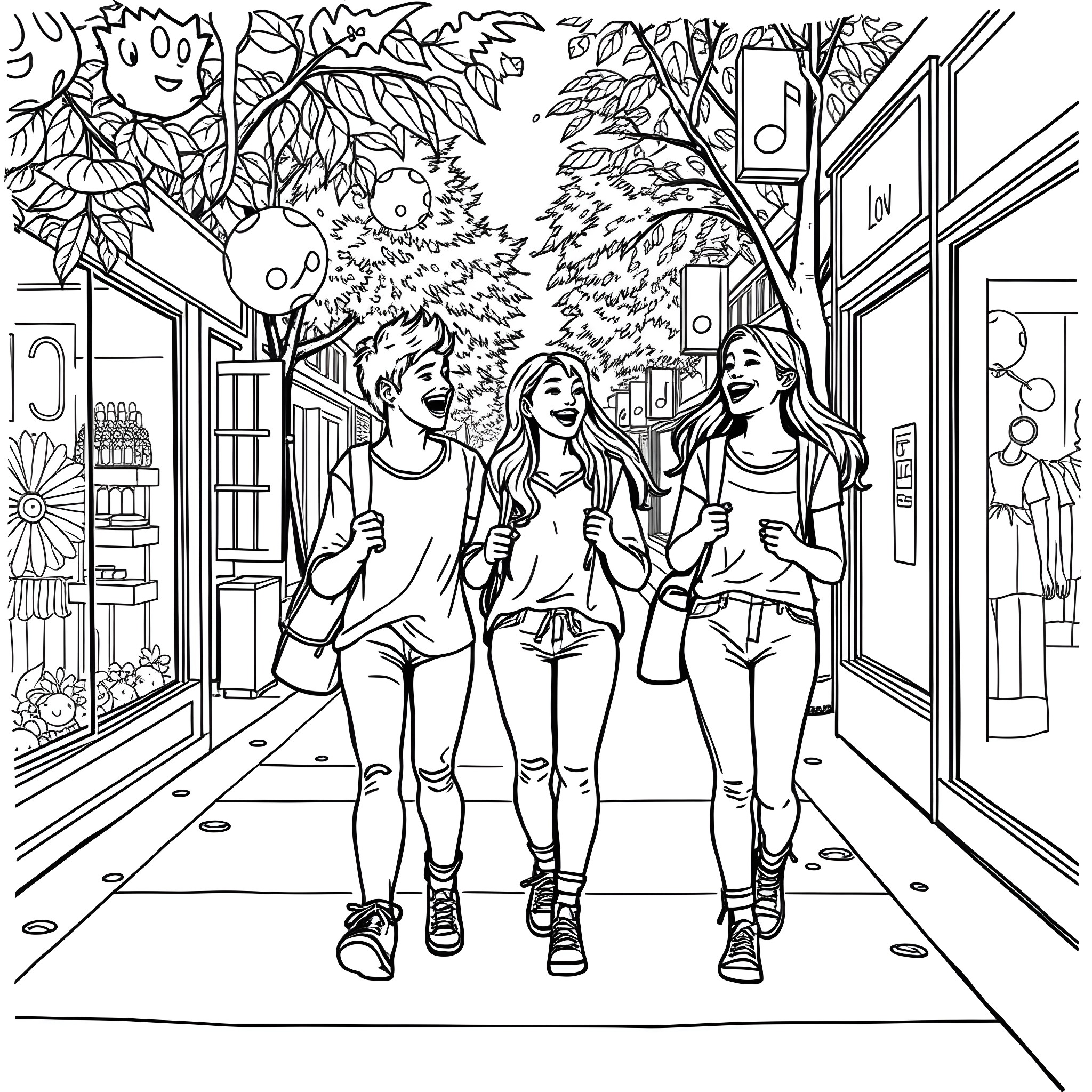 Preteen Girls Walking Together in Outdoor Town Setting Coloring Page (free black-and-white line drawing printable PDF for all, from beginners to advanced learners, including children, teens, adults, and seniors)