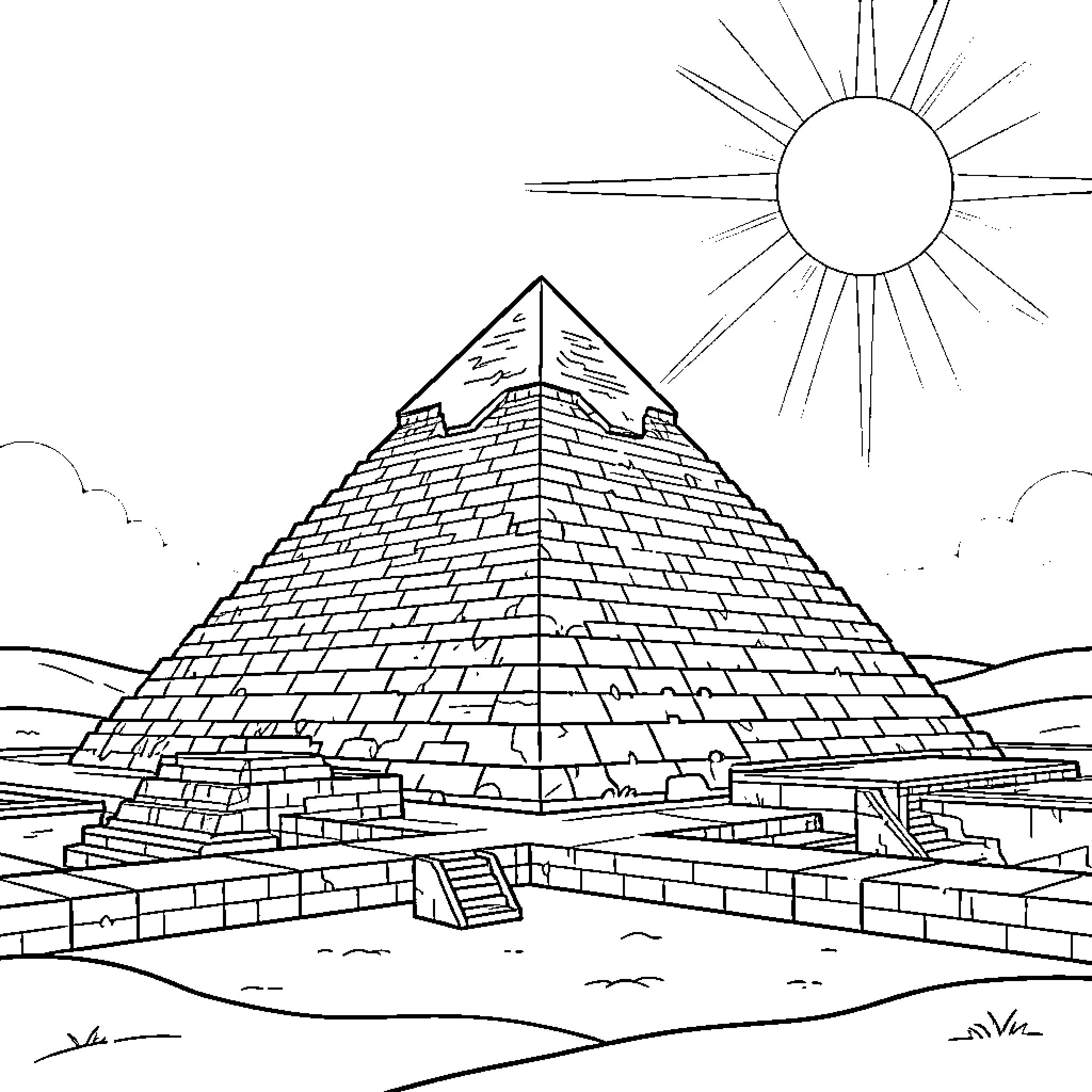 Ancient Egypt Pyramids Basking Under the Radiant Sun Coloring Page (free black-and-white line drawing printable PDF for all, from beginners to advanced learners, including children, teens, adults, and seniors)