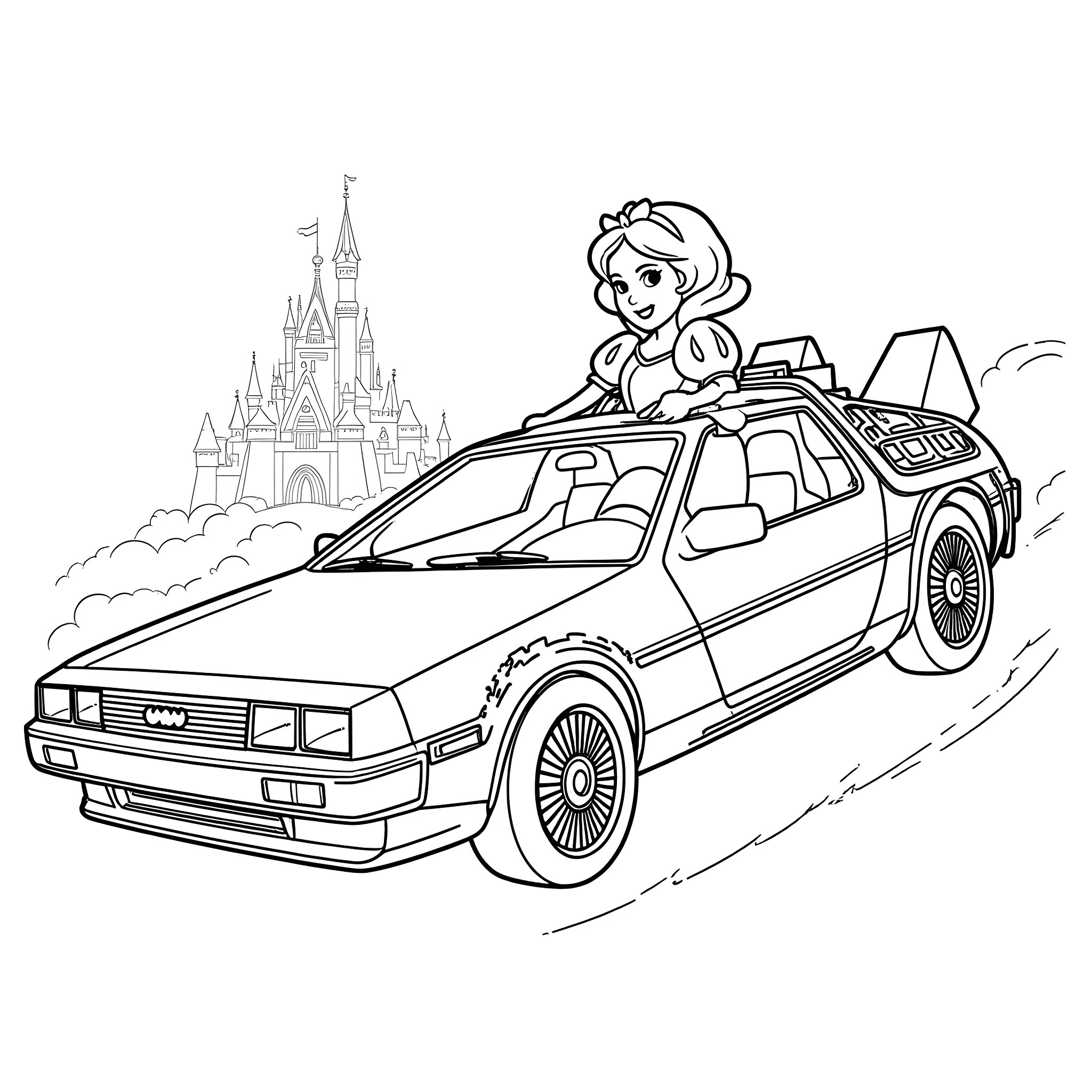 Snow White riding in a magical car towards the castle Coloring Page (free black-and-white line drawing printable PDF for all, from beginners to advanced learners, including children, teens, adults, and seniors)