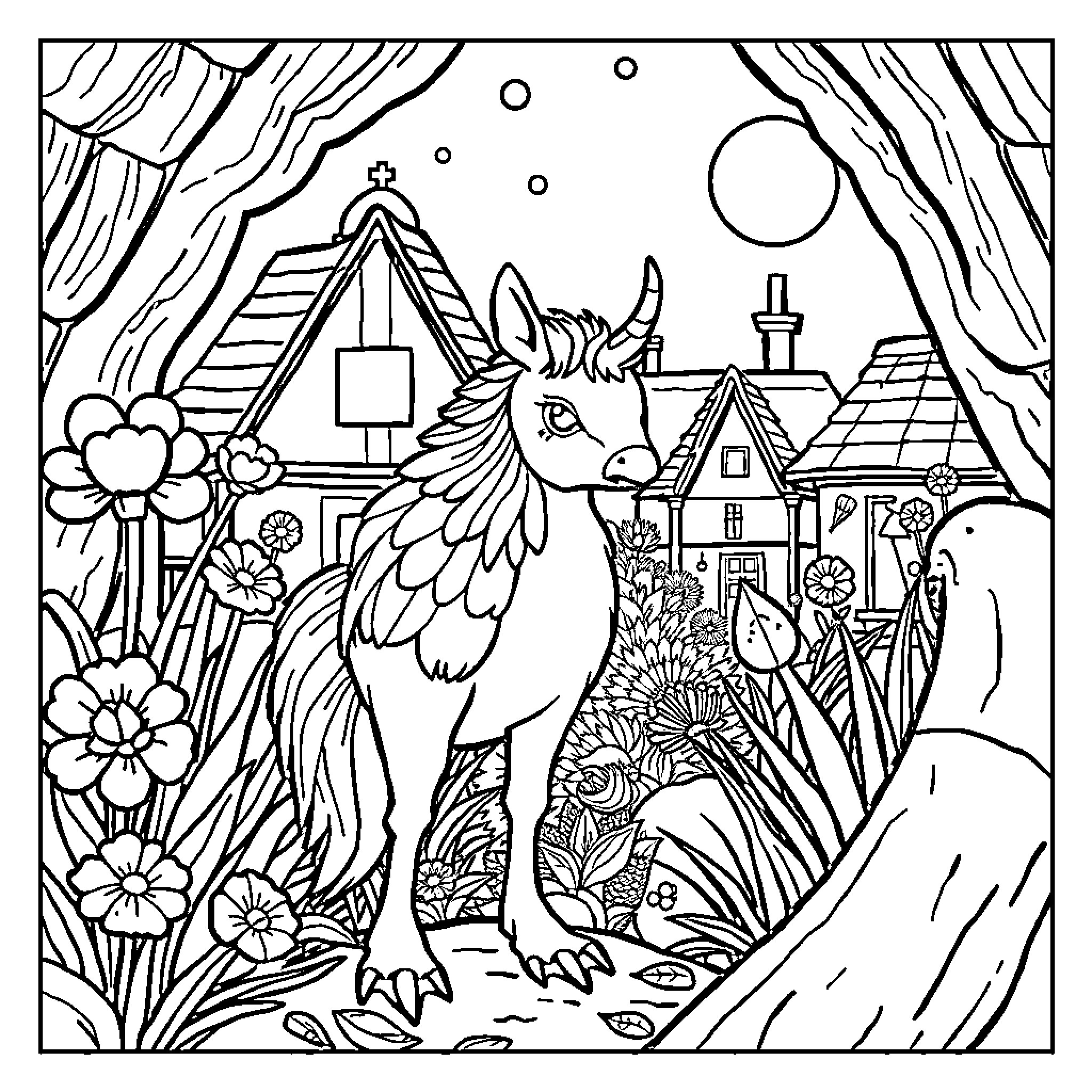 Meisje exploring a magical unicorn landscape Coloring Page (free black-and-white line drawing printable PDF for all, from beginners to advanced learners, including children, teens, adults, and seniors)