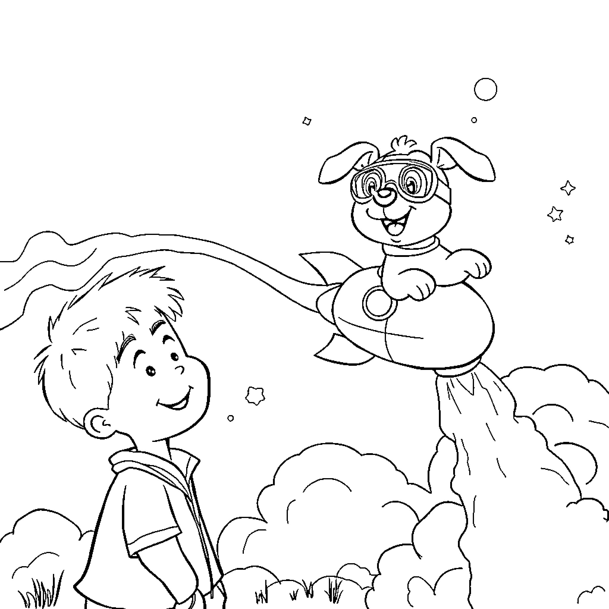 Dog playing with a child in the outdoors Coloring Page (free black-and-white line drawing printable PDF for all, from beginners to advanced learners, including children, teens, adults, and seniors)