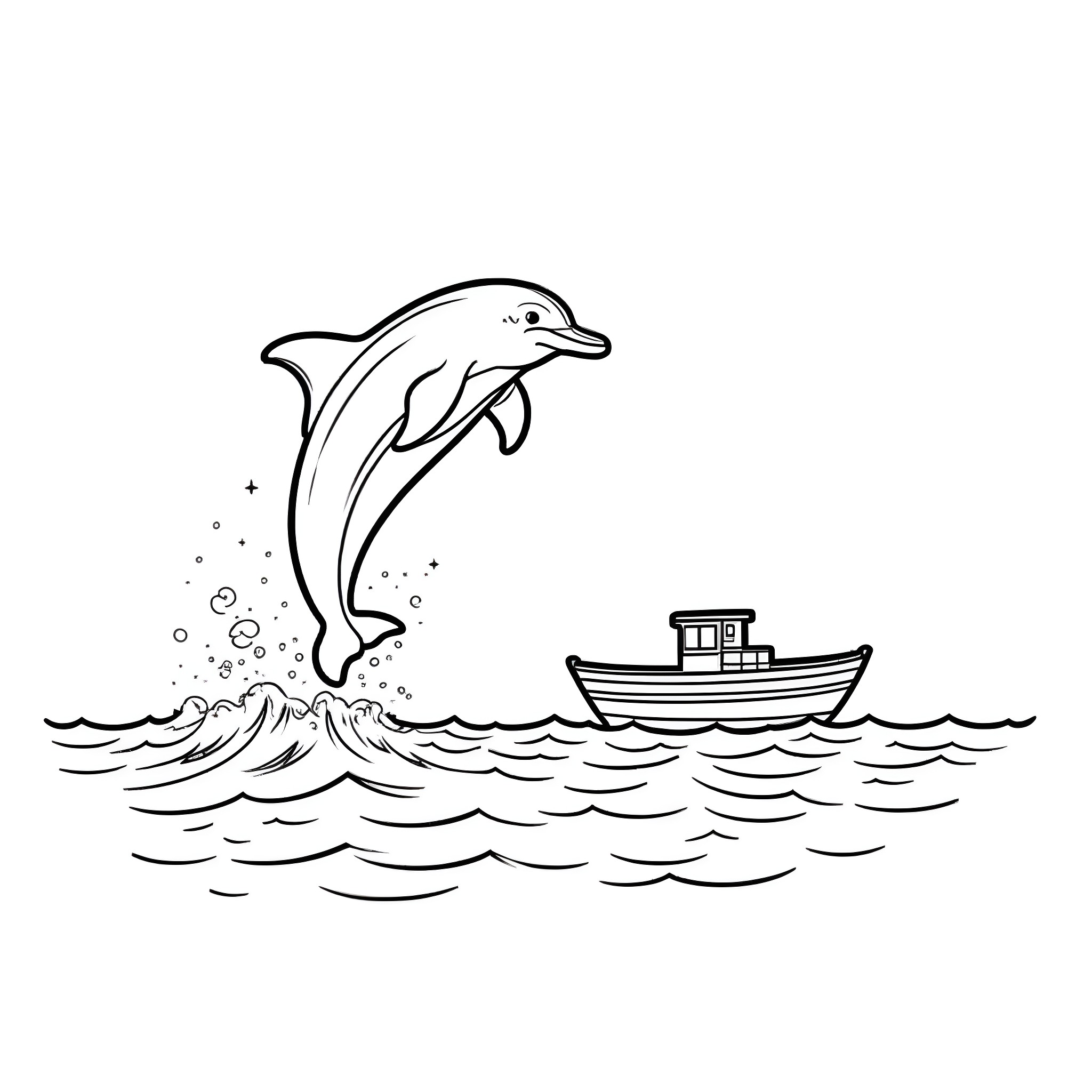 Dolphin leaping over waves with boat Coloring Page (free black-and-white line drawing printable PDF for all, from beginners to advanced learners, including children, teens, adults, and seniors)