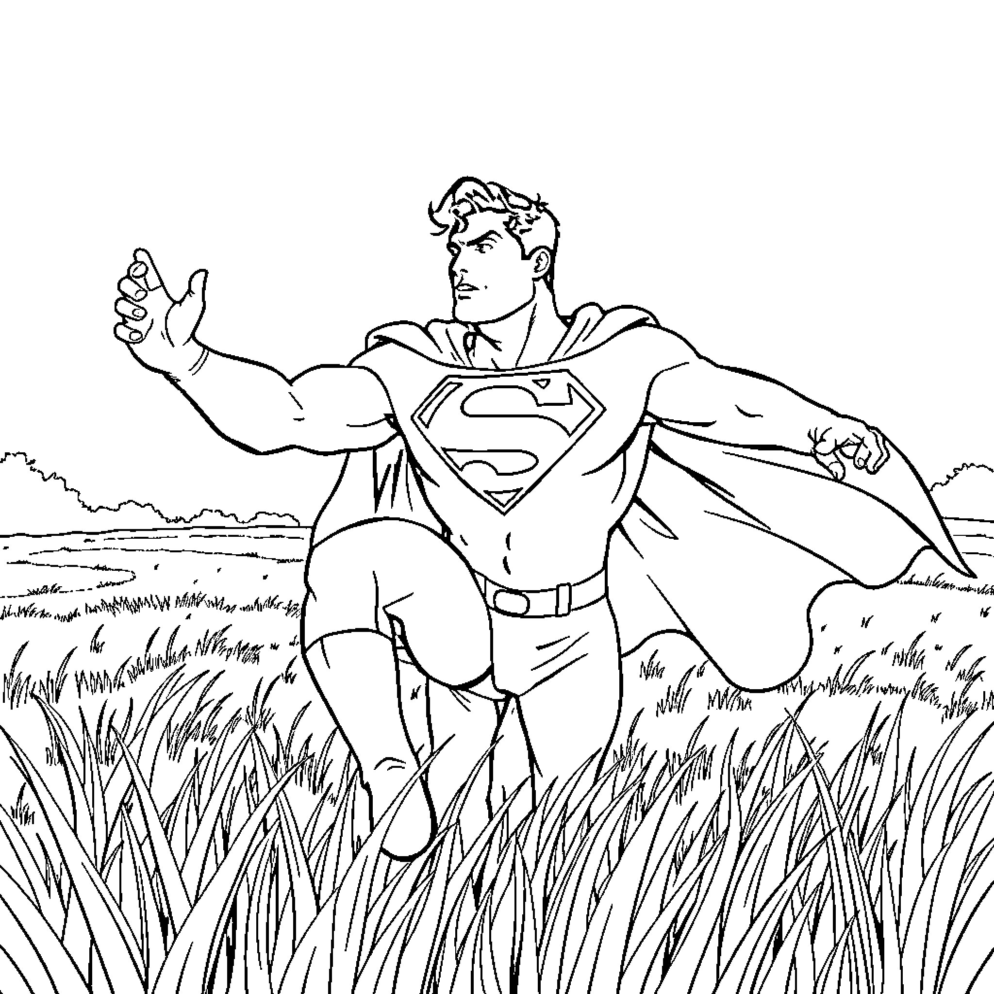 Superman standing triumphantly in a grassy field Coloring Page (free black-and-white line drawing printable PDF for all, from beginners to advanced learners, including children, teens, adults, and seniors)