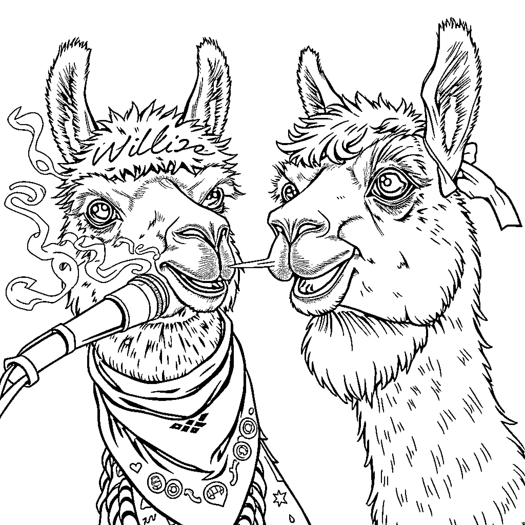 Alpaca friends sharing a pipe Coloring Page (free black-and-white line drawing printable PDF for all, from beginners to advanced learners, including children, teens, adults, and seniors)