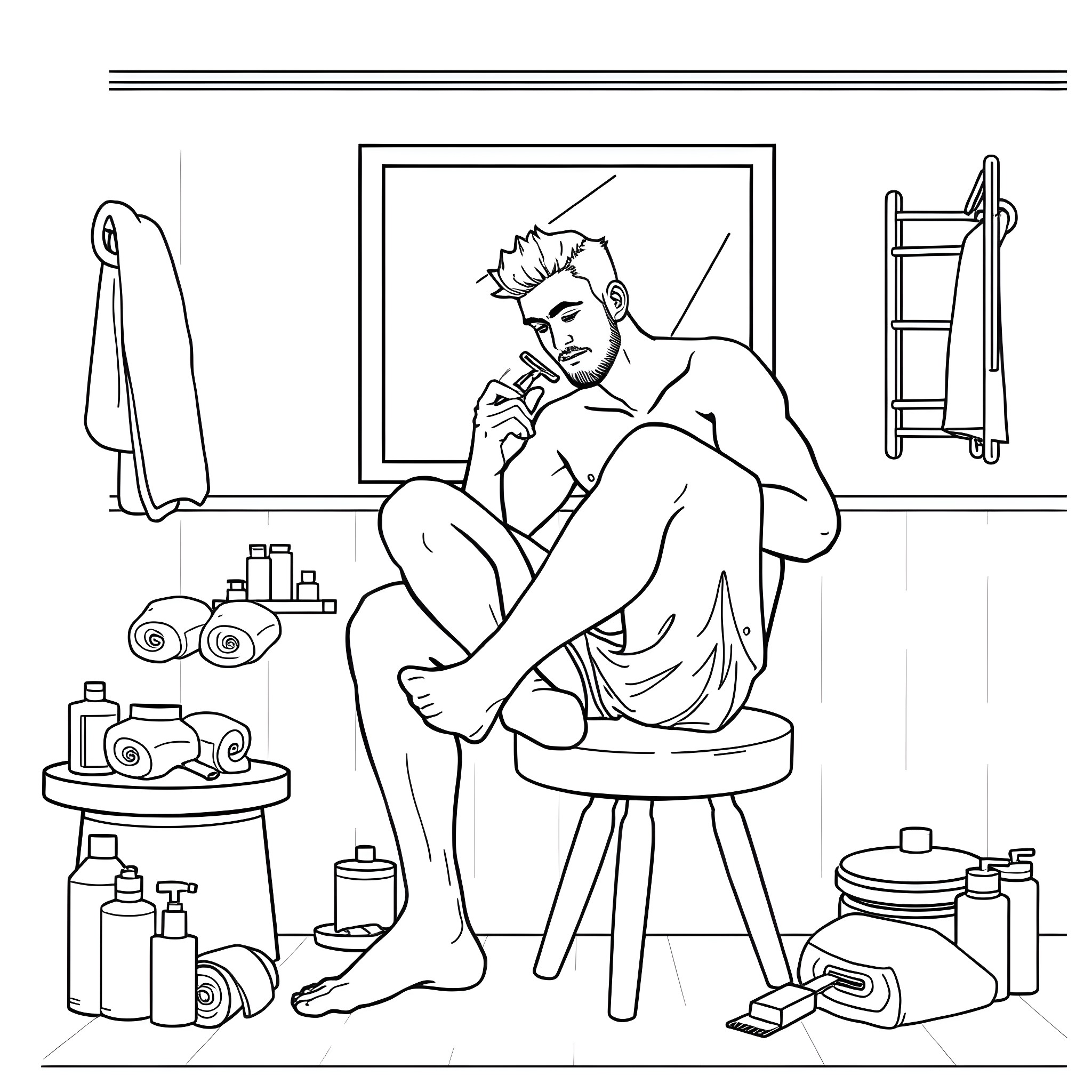 Guy sitting pensively in his bathroom Coloring Page (free black-and-white line drawing printable PDF for all, from beginners to advanced learners, including children, teens, adults, and seniors)