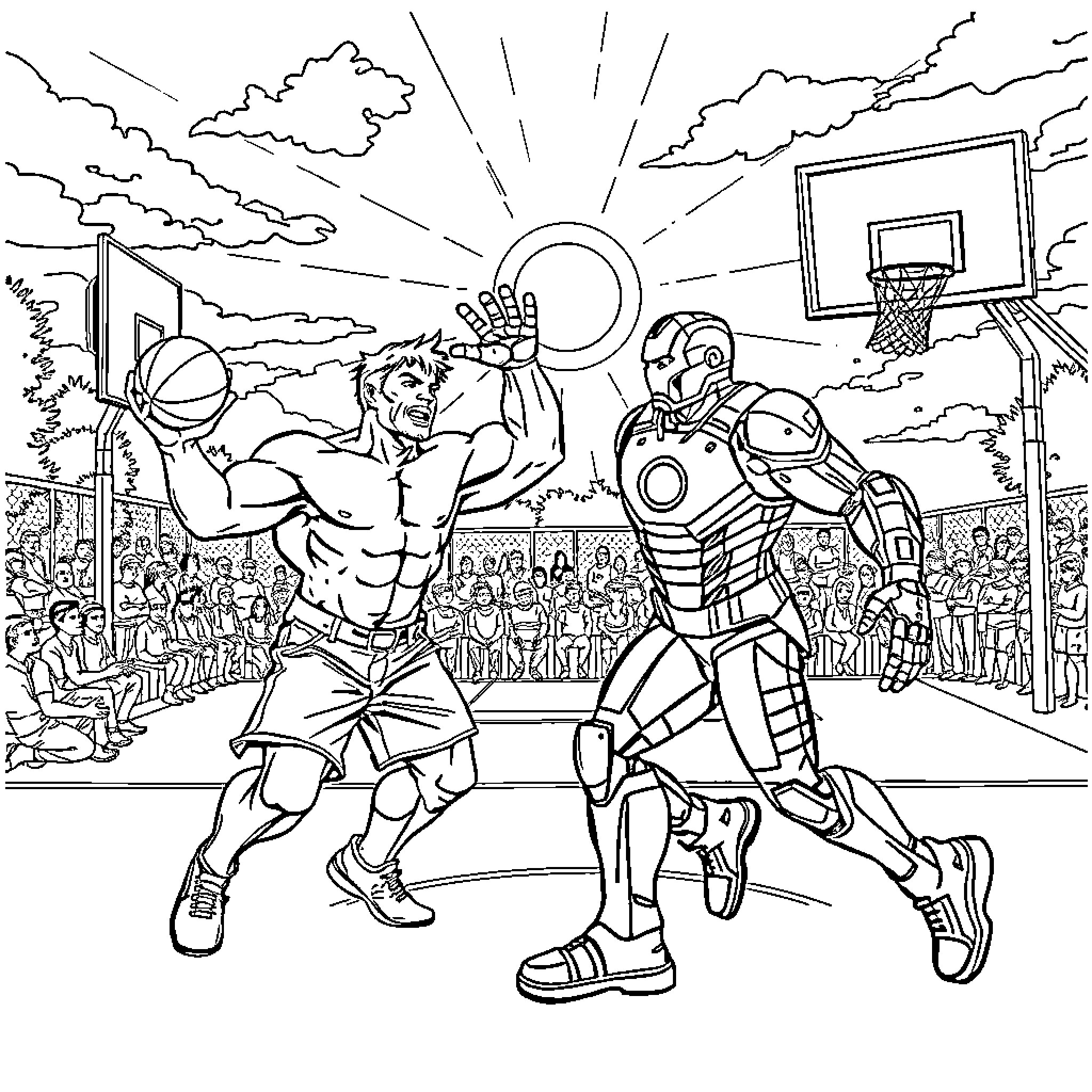 Hulk and Iron Man playing basketball in the arena Coloring Page (free black-and-white line drawing printable PDF for all, from beginners to advanced learners, including children, teens, adults, and seniors)