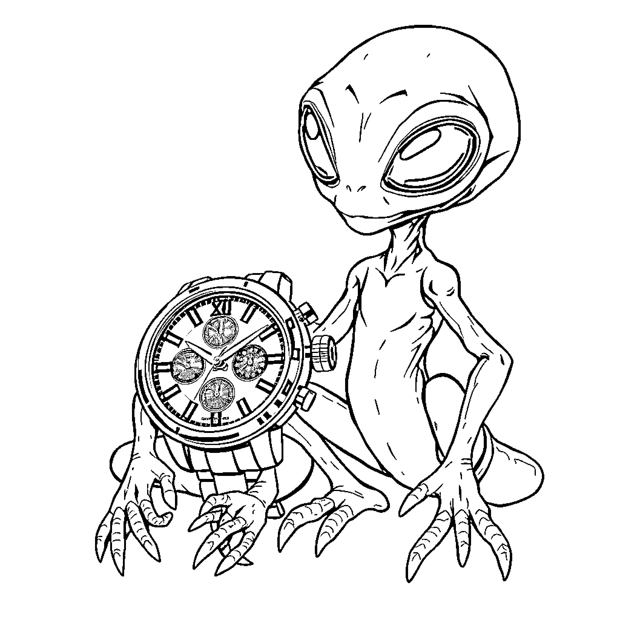 Watch Curious Alien Admiring Ornate Timepiece Coloring Page (free black-and-white line drawing printable PDF for all, from beginners to advanced learners, including children, teens, adults, and seniors)