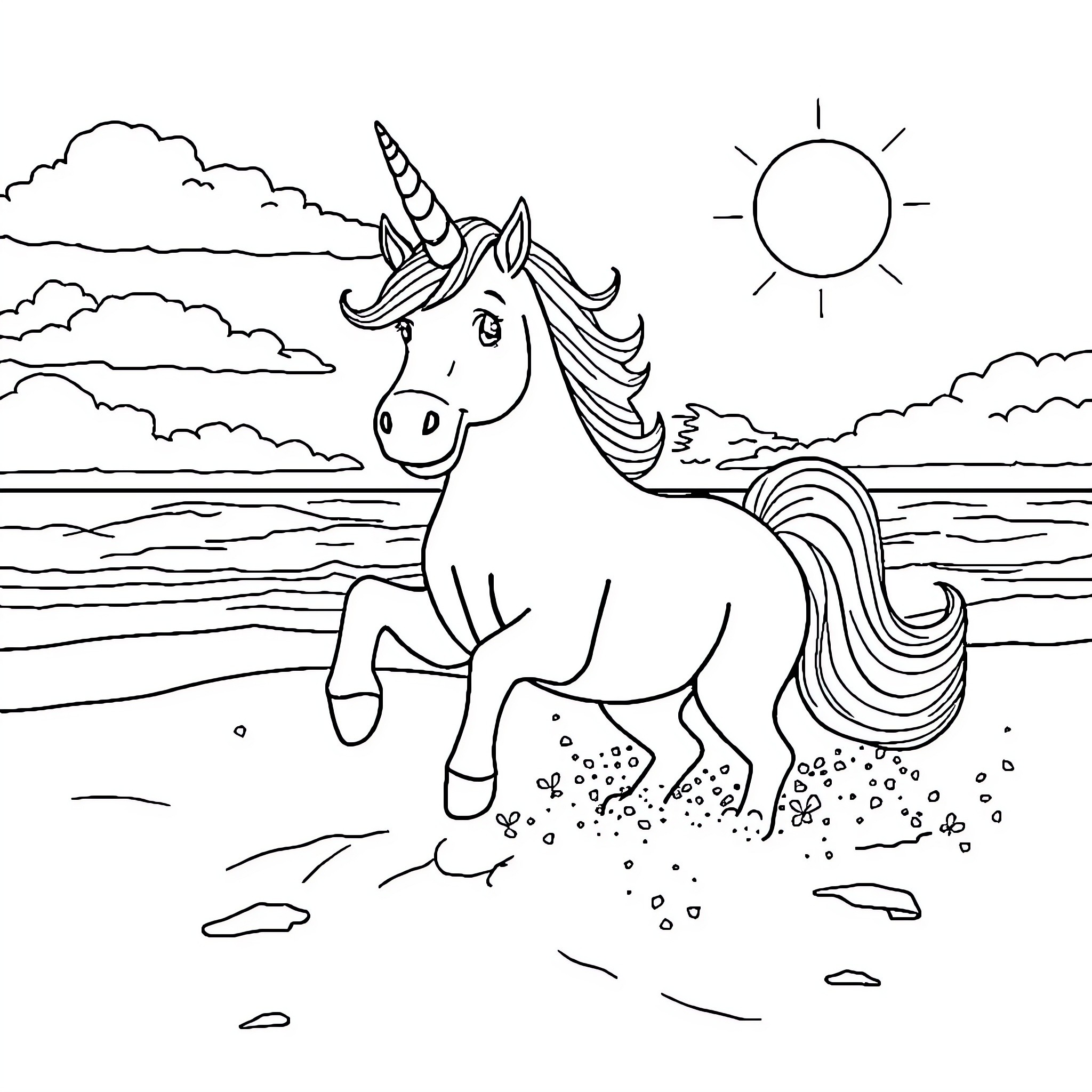 Einhorn unicorn running through a magical landscape Coloring Page (free black-and-white line drawing printable PDF for all, from beginners to advanced learners, including children, teens, adults, and seniors)
