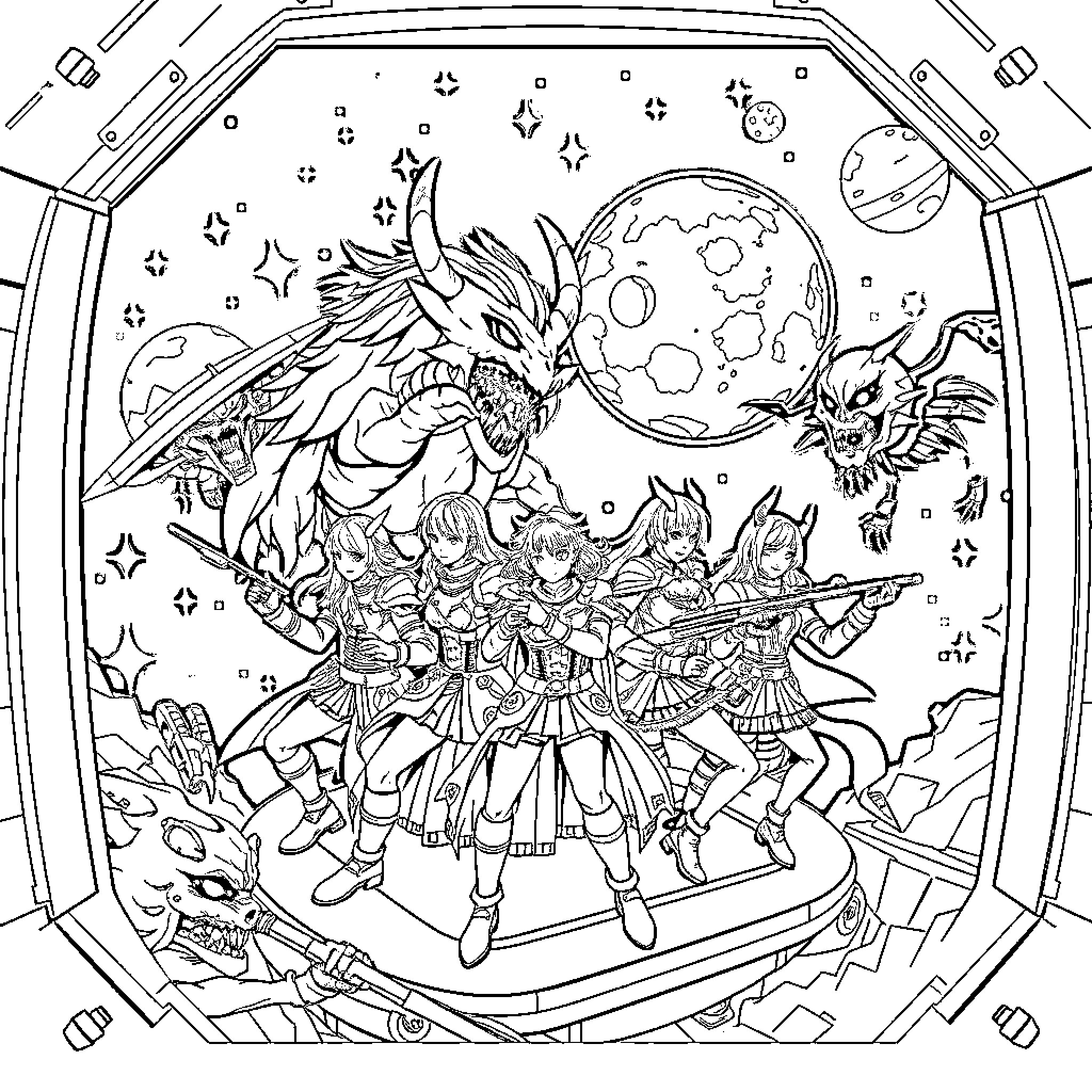 Demon Hunter Faces Fantasy Creatures in Celestial Battle Coloring Page (free black-and-white line drawing printable PDF for all, from beginners to advanced learners, including children, teens, adults, and seniors)