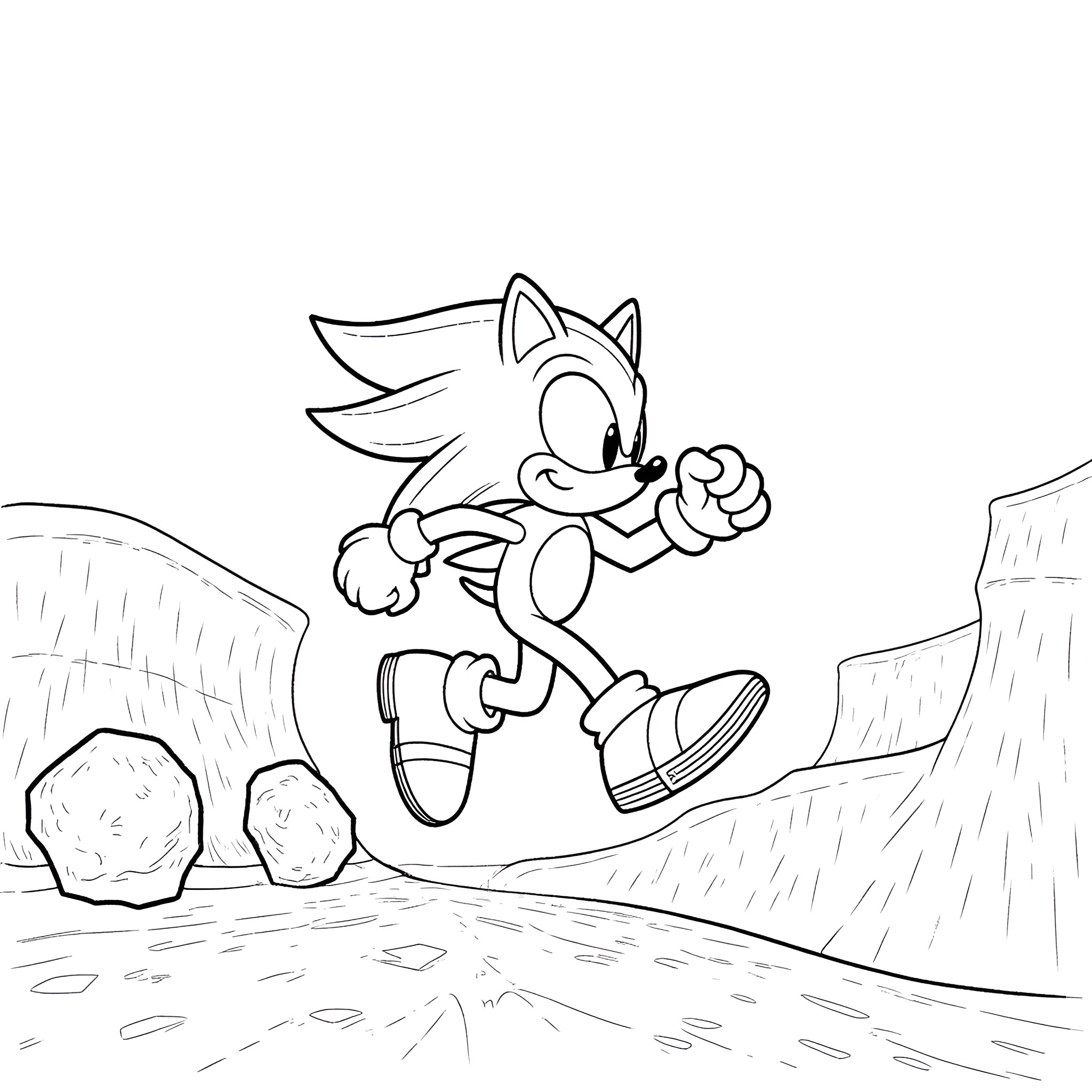 Sonic the Hedgehog sprinting across the landscape Coloring Page (free black-and-white line drawing printable PDF for all, from beginners to advanced learners, including children, teens, adults, and seniors)