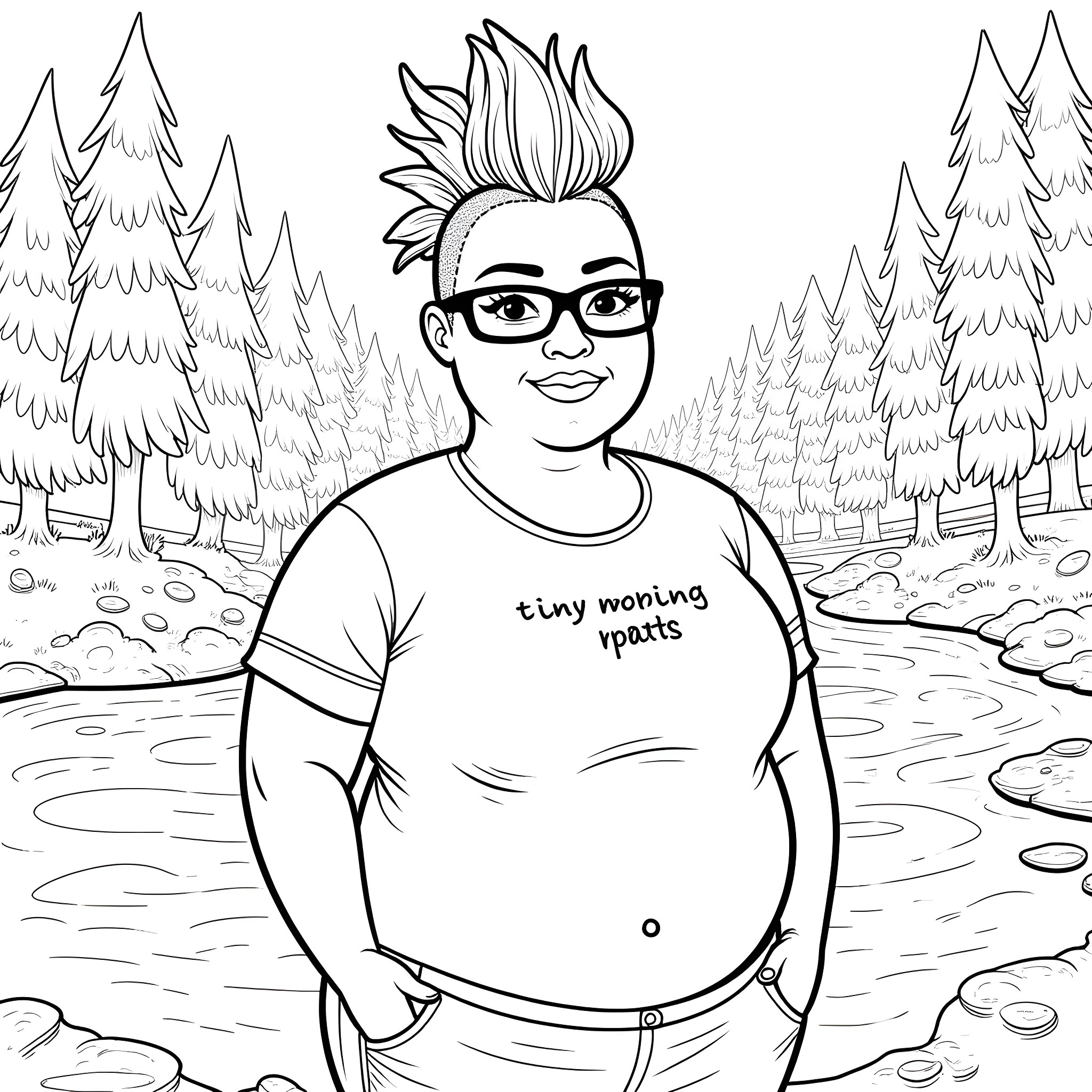 Woman wearing glasses and 'tiny nothing pants' in a forest Coloring Page (free black-and-white line drawing printable PDF for all, from beginners to advanced learners, including children, teens, adults, and seniors)