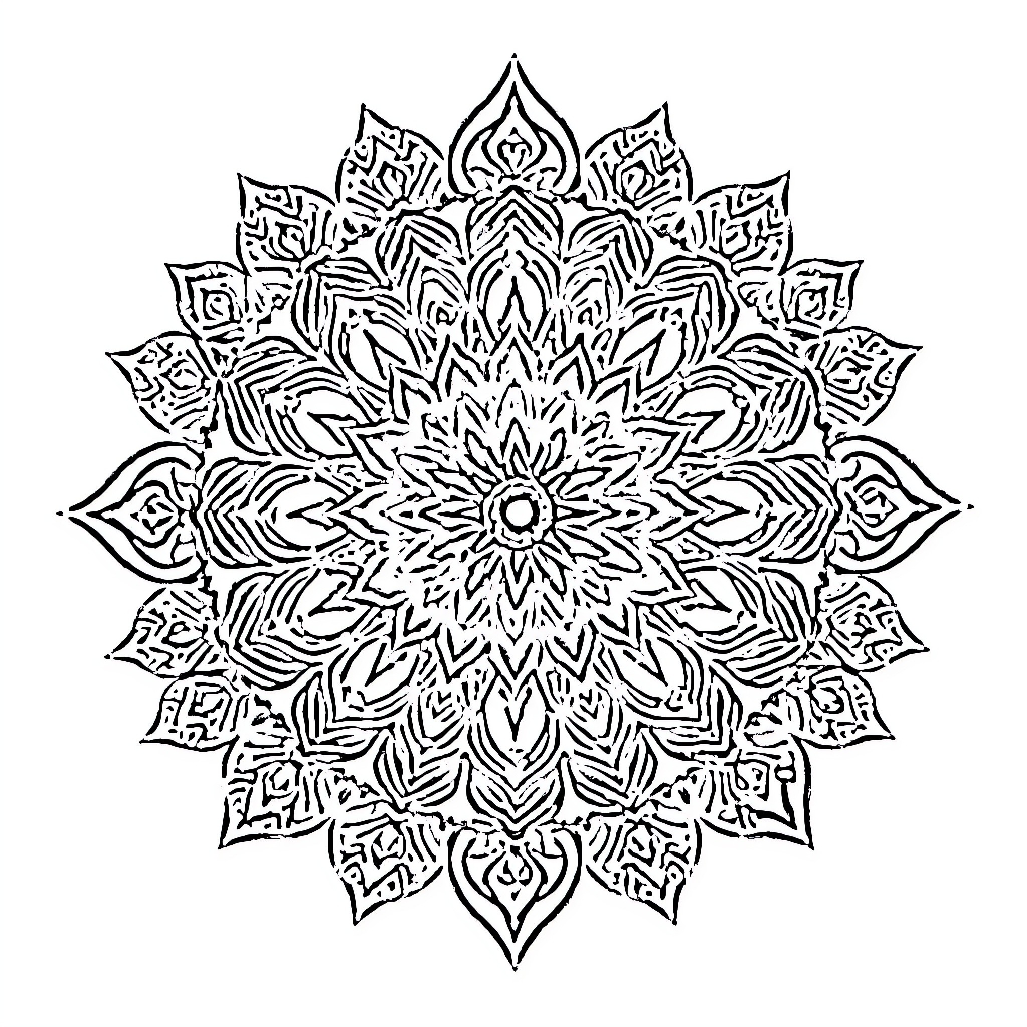 Mandala of intricate floral patterns Coloring Page (free black-and-white line drawing printable PDF for all, from beginners to advanced learners, including children, teens, adults, and seniors)