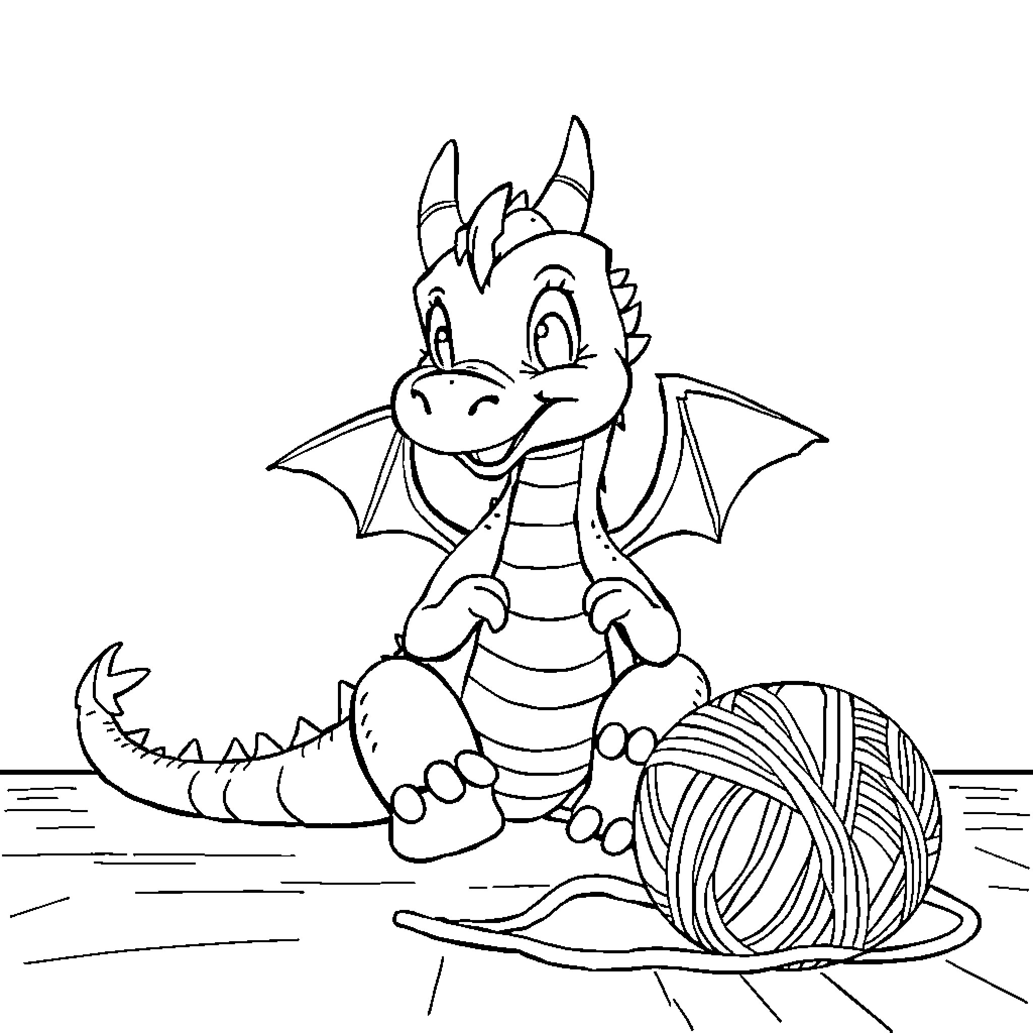 Dragon playing with ball of yarn in field Coloring Page (free black-and-white line drawing printable PDF for all, from beginners to advanced learners, including children, teens, adults, and seniors)