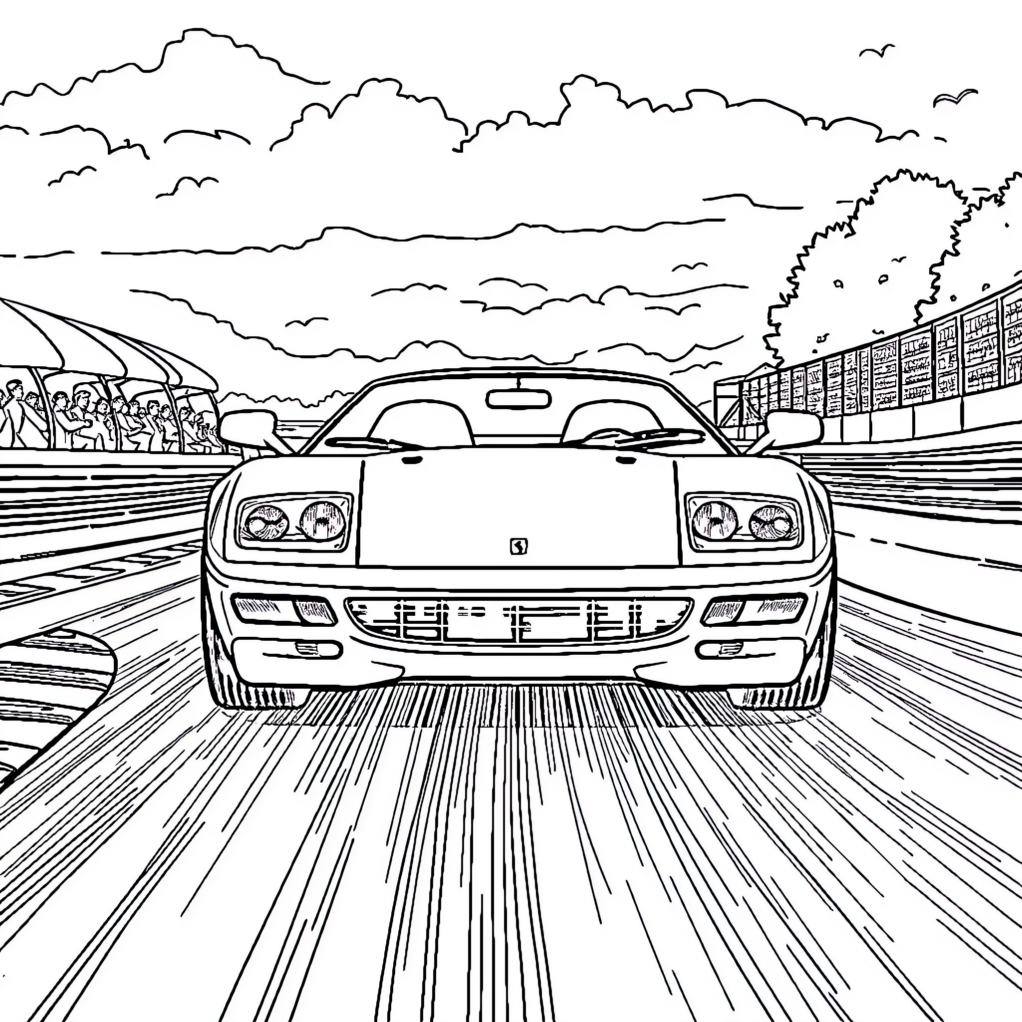 Ferrari speeding on a racetrack with spectators Coloring Page (free black-and-white line drawing printable PDF for all, from beginners to advanced learners, including children, teens, adults, and seniors)