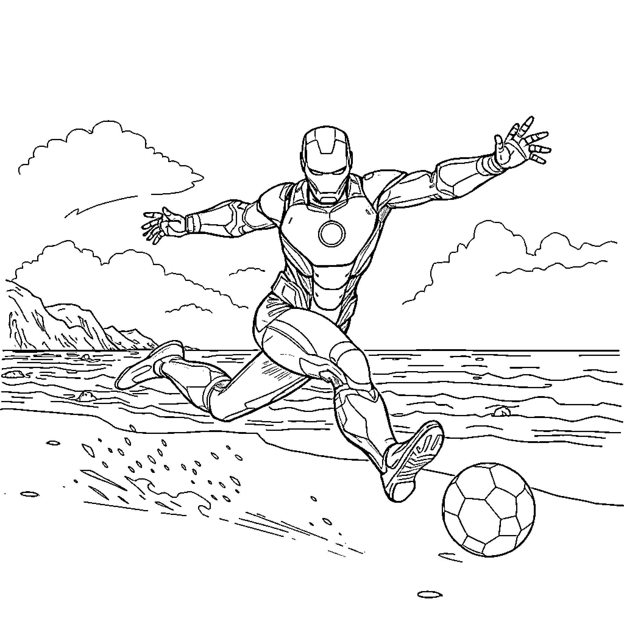 Iron Man playing soccer in a scenic landscape Coloring Page (free black-and-white line drawing printable PDF for all, from beginners to advanced learners, including children, teens, adults, and seniors)