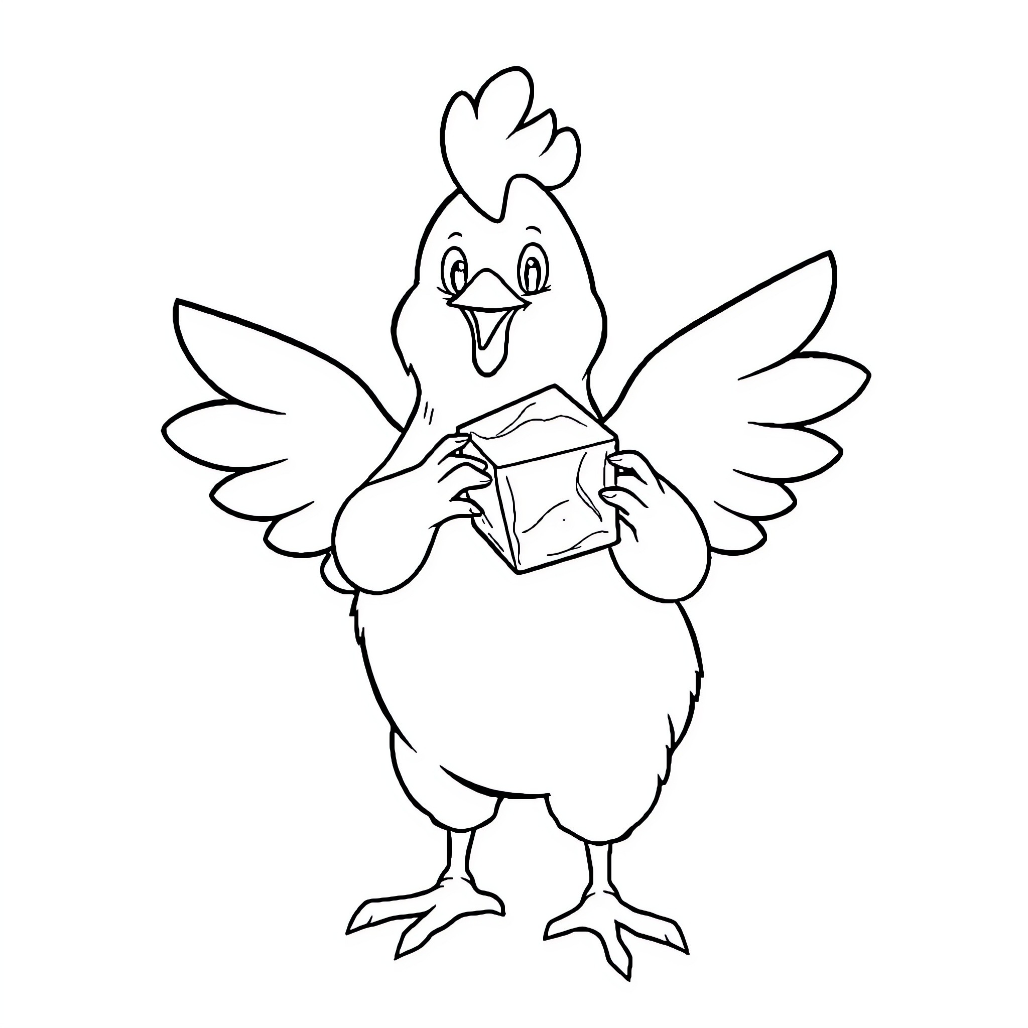Chicken Receiving a Surprise Gift Coloring Page (free black-and-white line drawing printable PDF for all, from beginners to advanced learners, including children, teens, adults, and seniors)