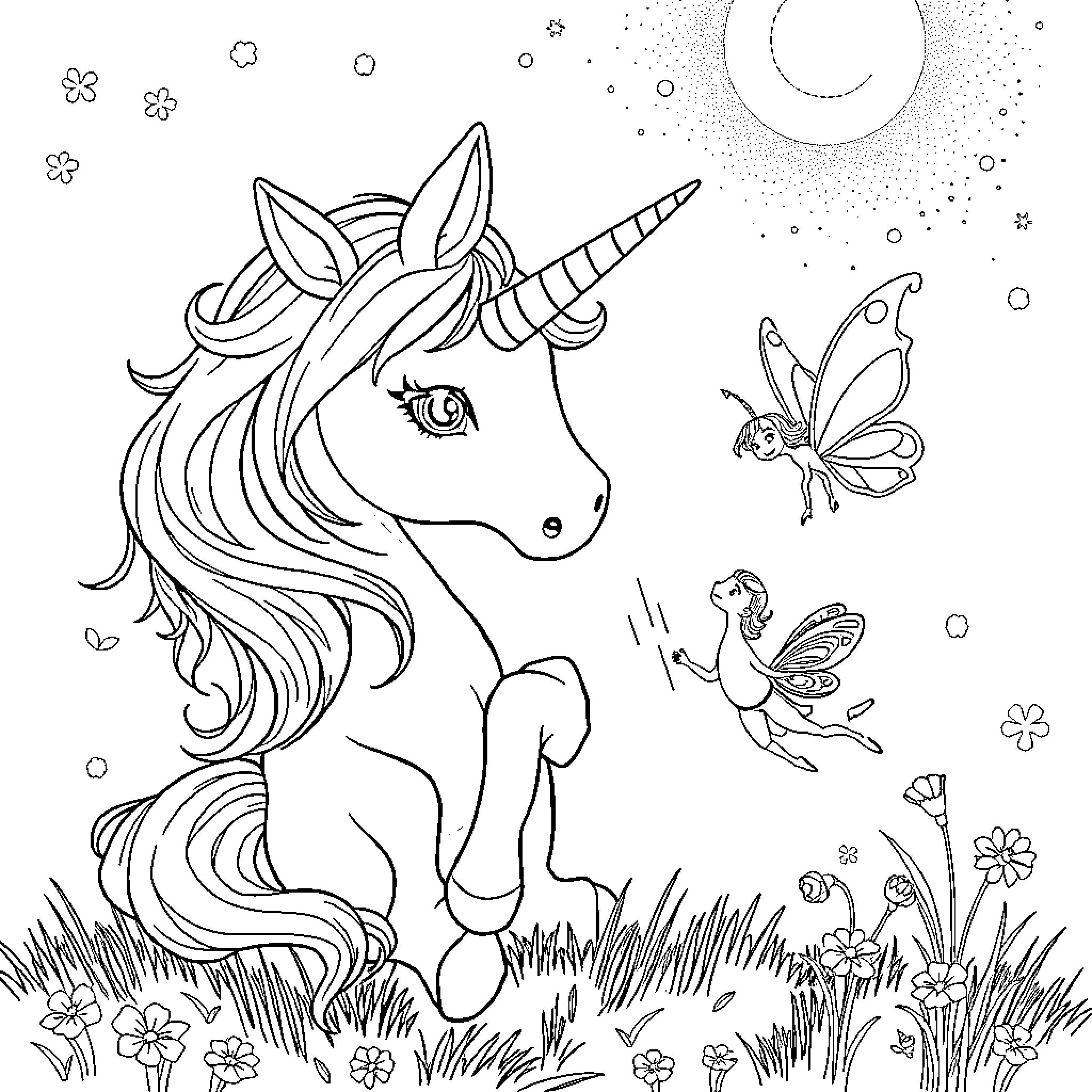 Unicorn galloping in magical meadow with fairy friends Coloring Page (free black-and-white line drawing printable PDF for all, from beginners to advanced learners, including children, teens, adults, and seniors)