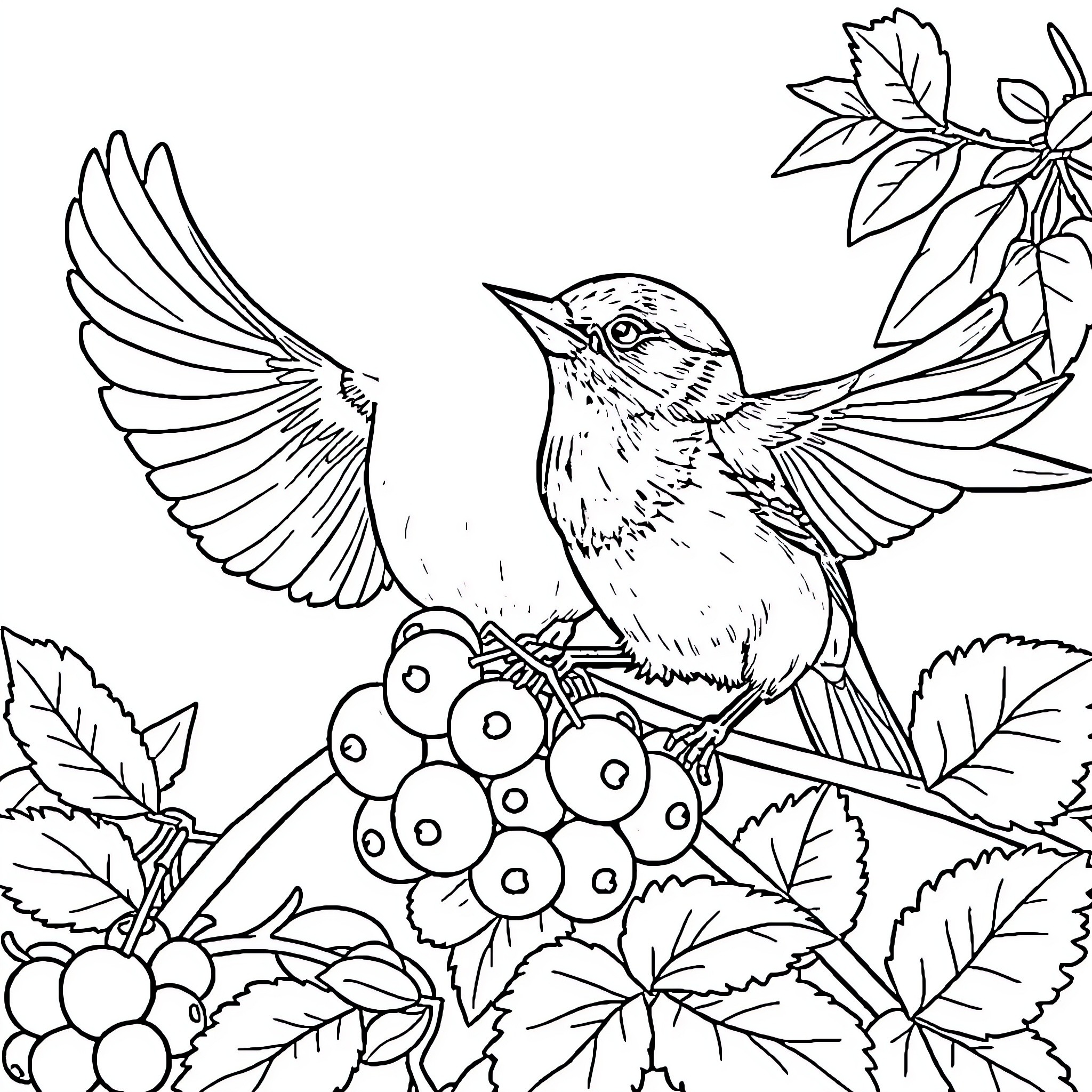 Bird with Spread Wings in Floral Garden Coloring Page (free black-and-white line drawing printable PDF for all, from beginners to advanced learners, including children, teens, adults, and seniors)