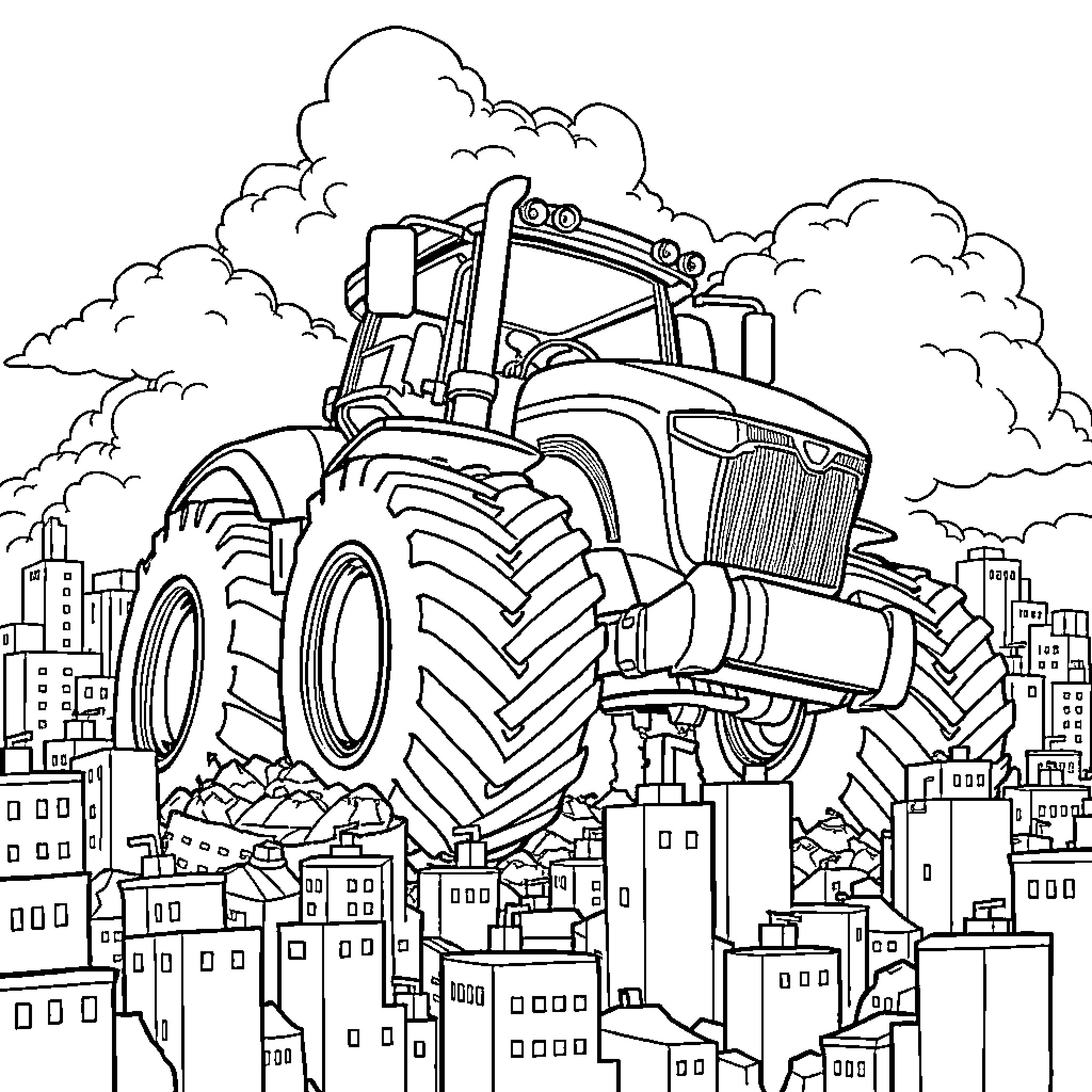 Tractor navigating through a bustling cityscape Coloring Page (free black-and-white line drawing printable PDF for all, from beginners to advanced learners, including children, teens, adults, and seniors)