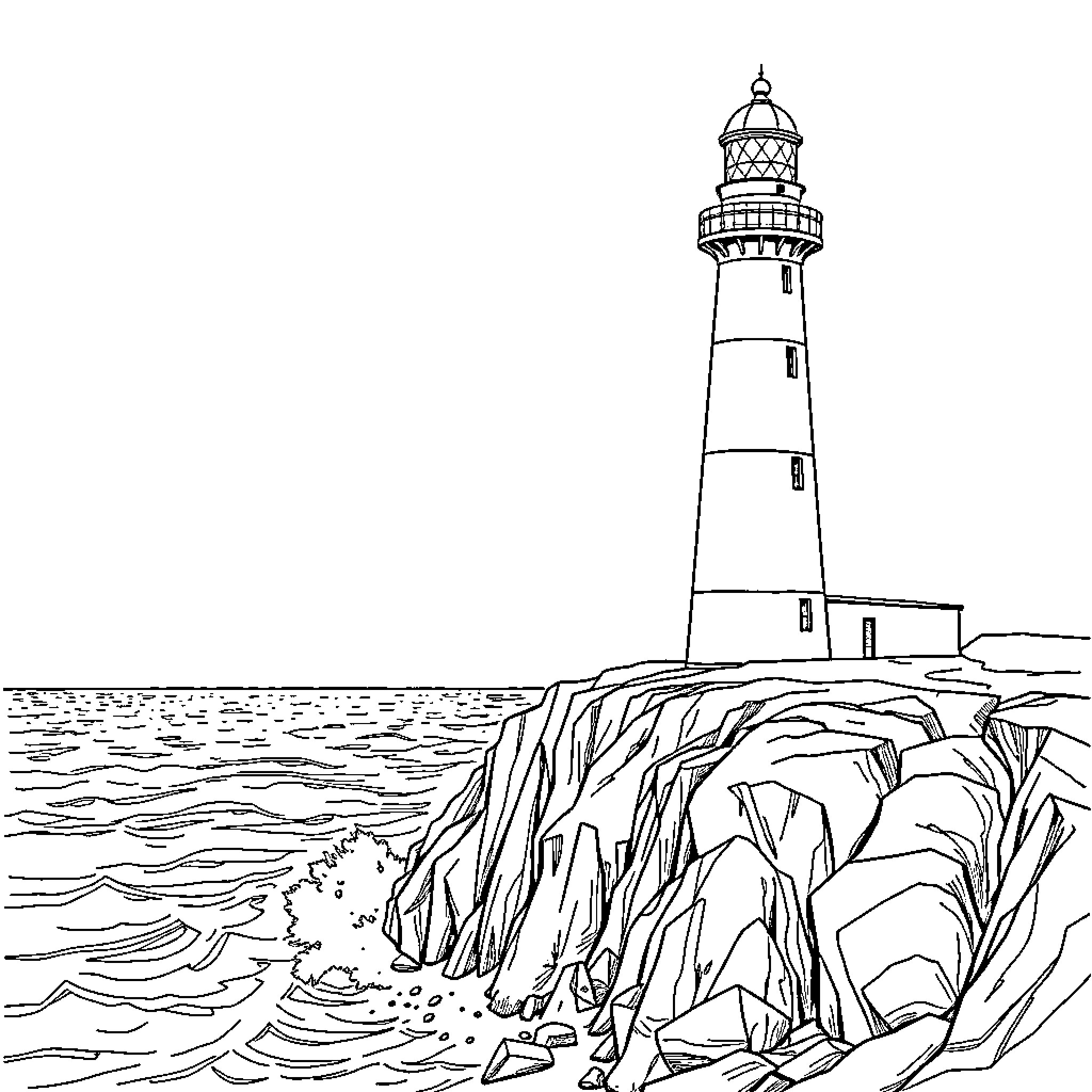 Lighthouse standing tall on rocky coastline Coloring Page (free black-and-white line drawing printable PDF for all, from beginners to advanced learners, including children, teens, adults, and seniors)