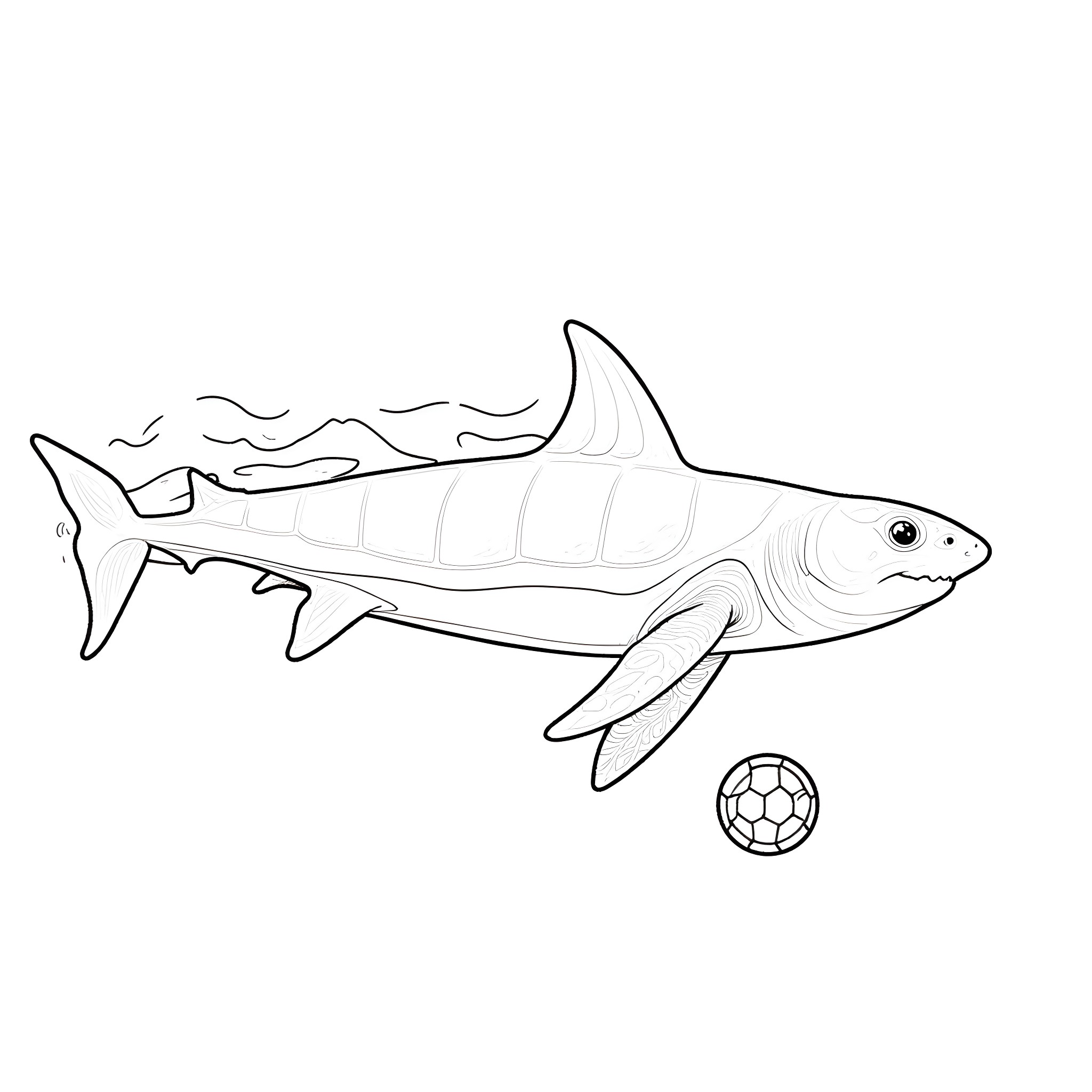 Turtle swimming with soccer ball Coloring Page (free black-and-white line drawing printable PDF for all, from beginners to advanced learners, including children, teens, adults, and seniors)