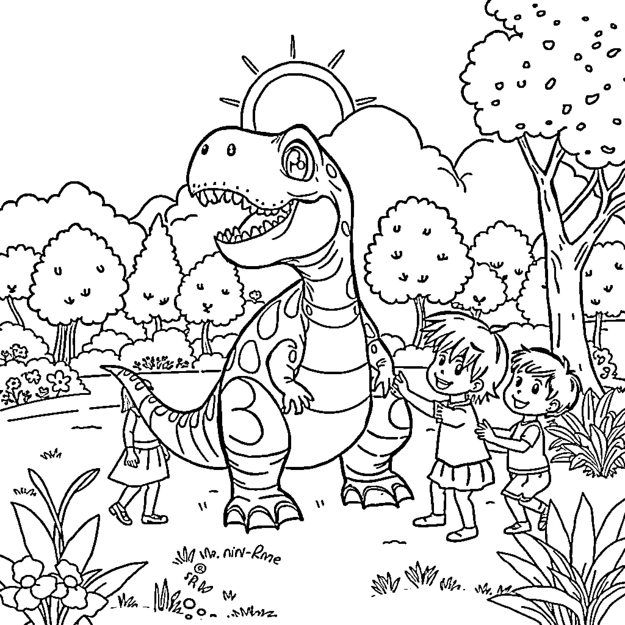 Dino friends exploring the vibrant nature Coloring Page (free black-and-white line drawing printable PDF for all, from beginners to advanced learners, including children, teens, adults, and seniors)