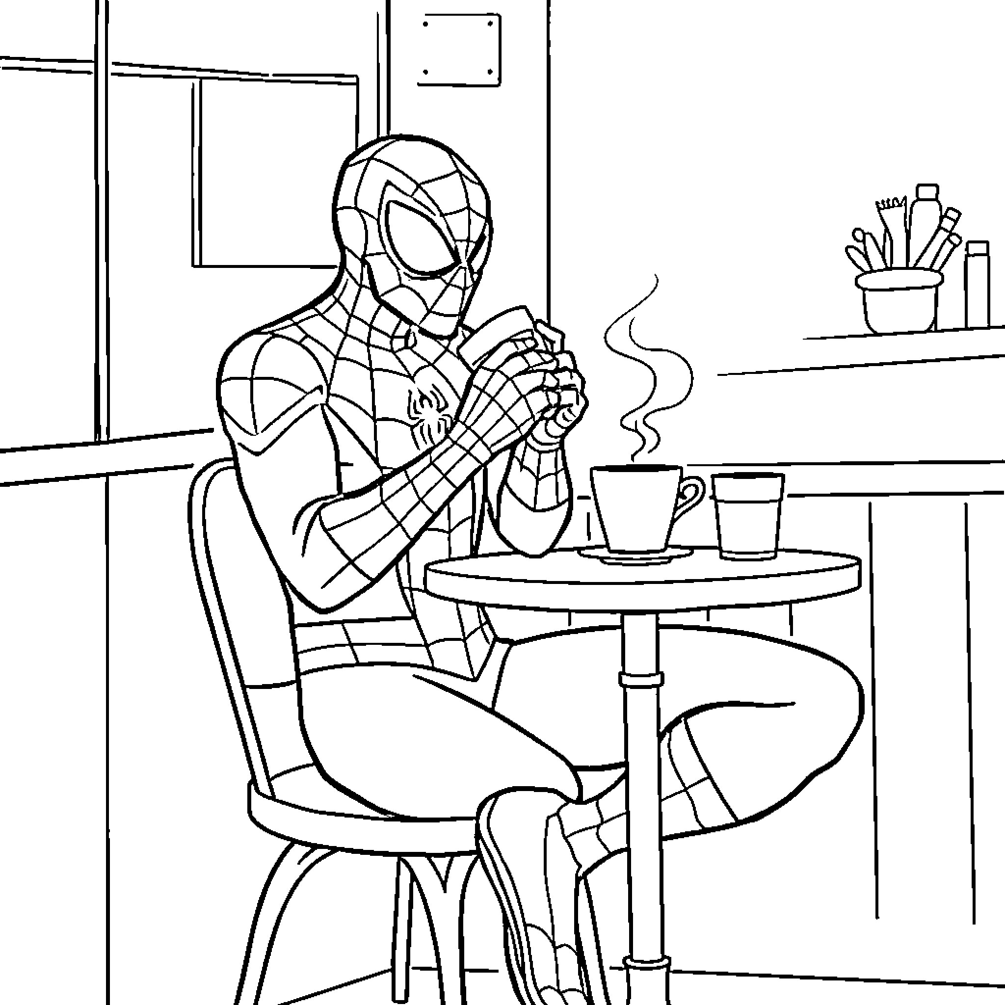 Spiderman enjoying a warm beverage in his hideout Coloring Page (free black-and-white line drawing printable PDF for all, from beginners to advanced learners, including children, teens, adults, and seniors)