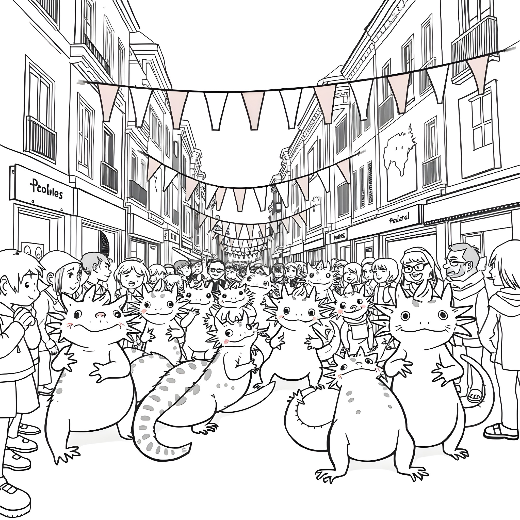 Axolotl festival with decorations in the city Coloring Page (free black-and-white line drawing printable PDF for all, from beginners to advanced learners, including children, teens, adults, and seniors)