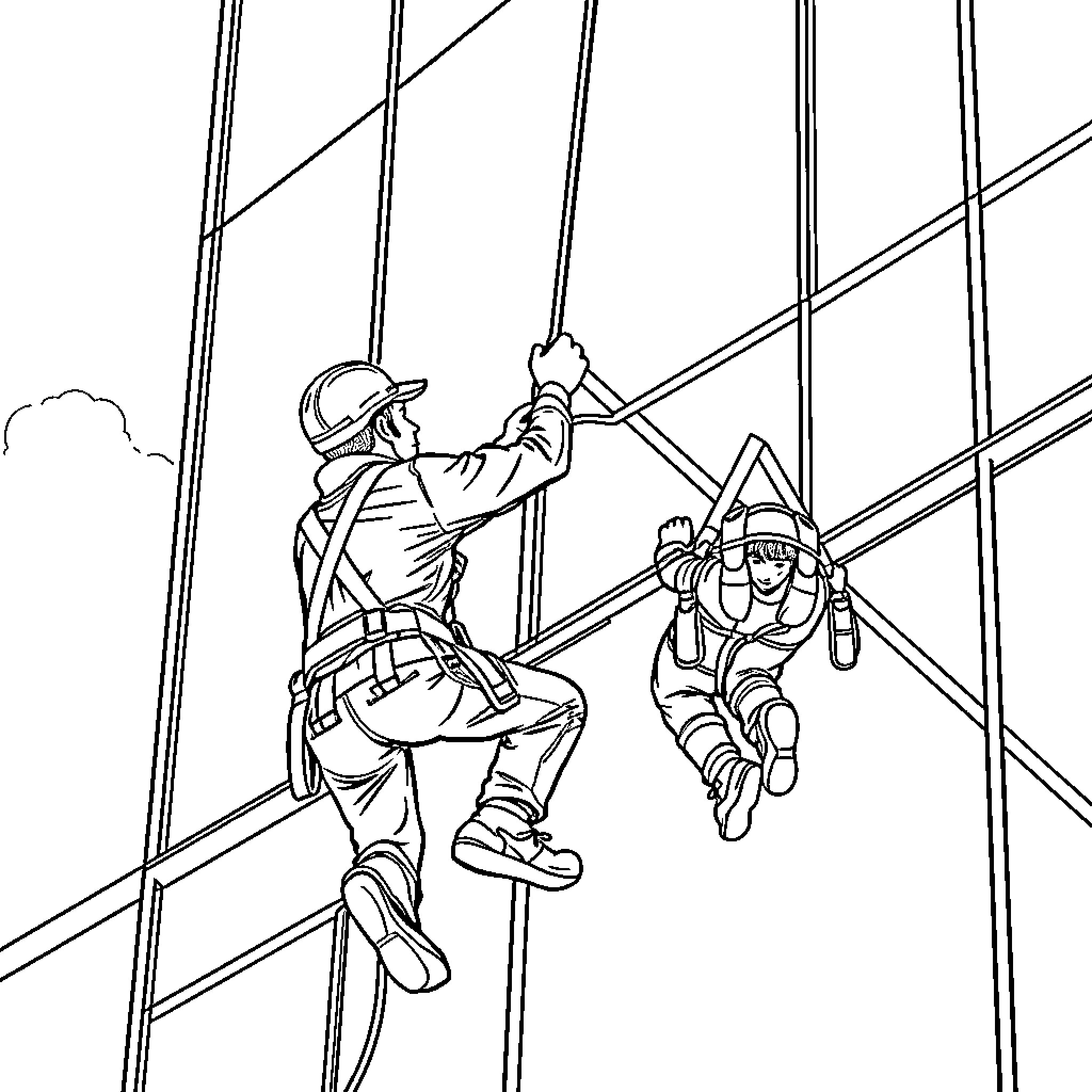 Men working on construction site with safety gear Coloring Page (free black-and-white line drawing printable PDF for all, from beginners to advanced learners, including children, teens, adults, and seniors)