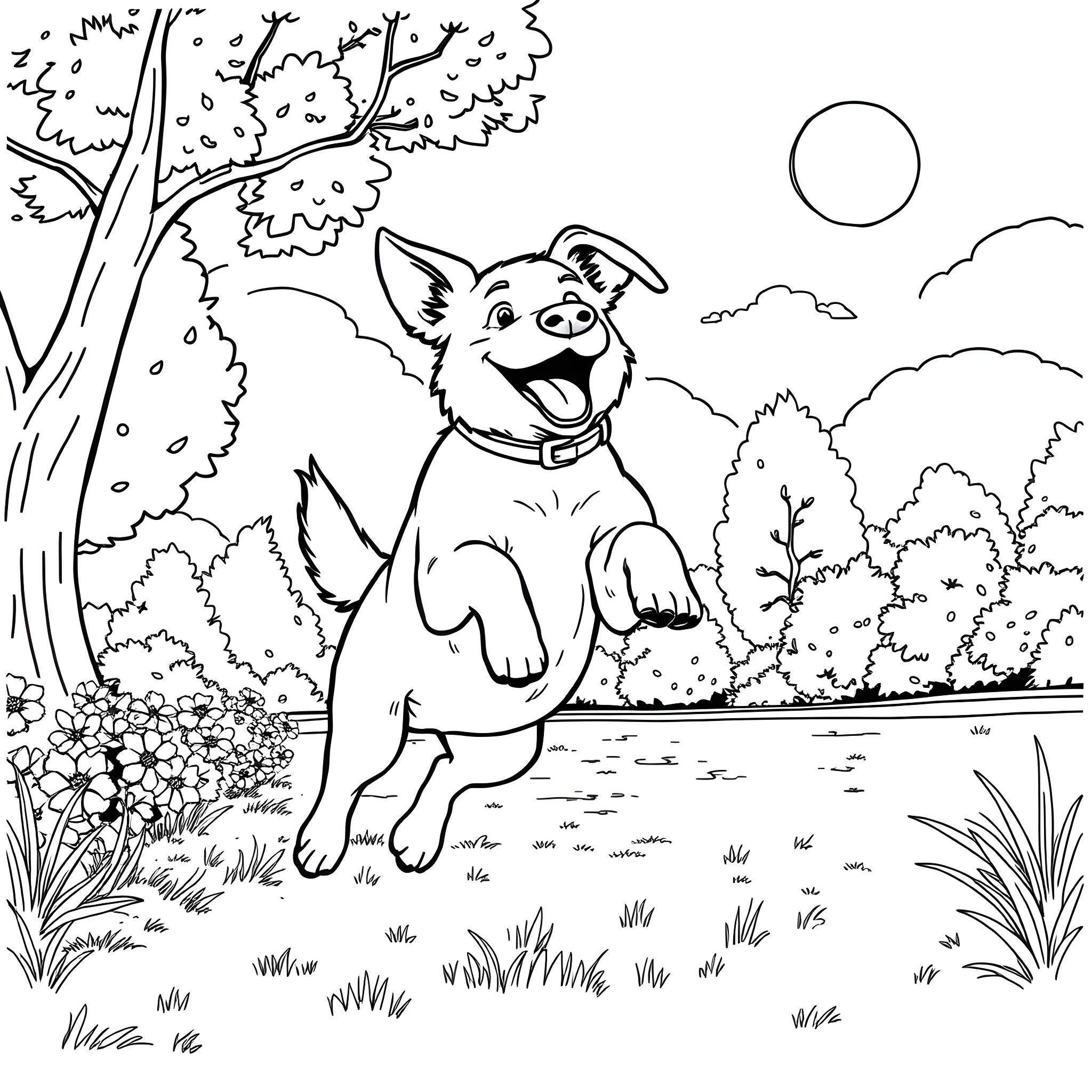 Dog enjoying a sunny day in the park Coloring Page (free black-and-white line drawing printable PDF for all, from beginners to advanced learners, including children, teens, adults, and seniors)