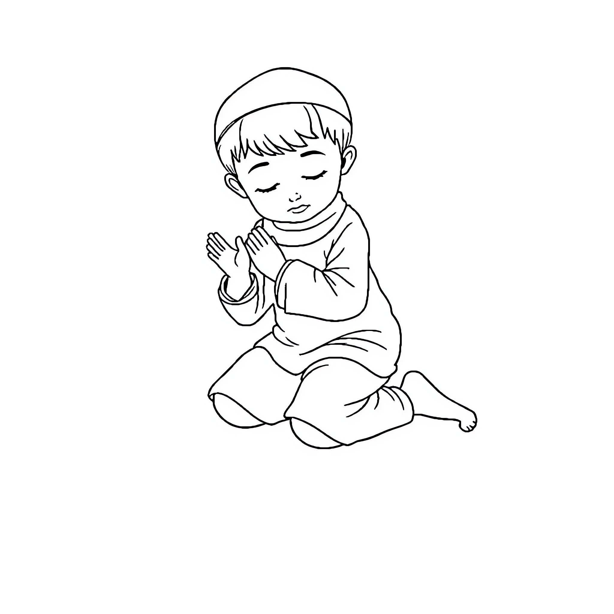 Boy praying peacefully in simple outfit Coloring Page (free black-and-white line drawing printable PDF for all, from beginners to advanced learners, including children, teens, adults, and seniors)