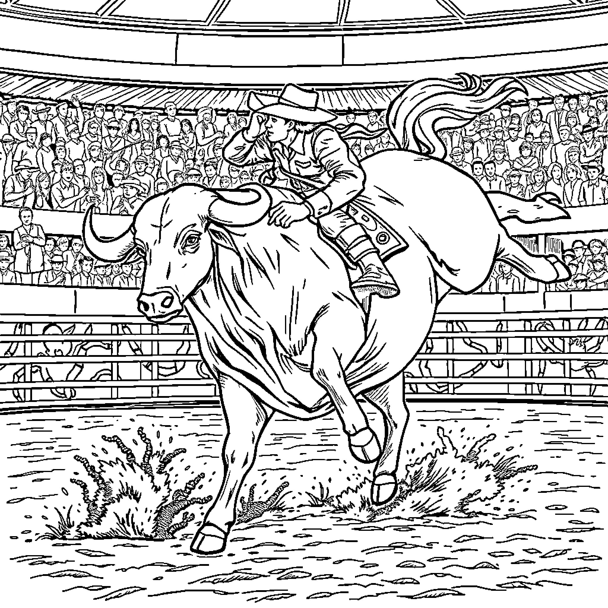 Bull Rider Competing in Rodeo Arena Coloring Page (free black-and-white line drawing printable PDF for all, from beginners to advanced learners, including children, teens, adults, and seniors)